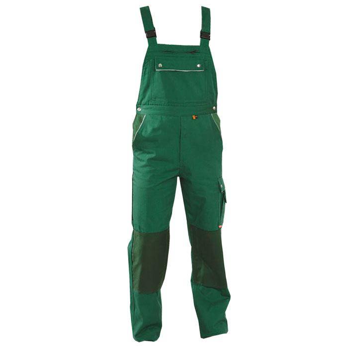 Grüne Arbeitslatzhose mit verstärkten Knieschutzen, verstellbaren Schultergurten und Vordertasche, konzipiert für Arbeiten oder Outdoor-Aktivitäten.
