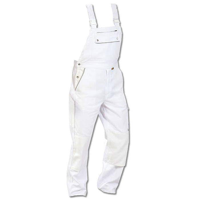 Weiße Maler-Latzhose mit verstellbaren Schultergurten, mehreren Taschen und verstärkten Kniebereichen, konzipiert für komfortables Tragen.