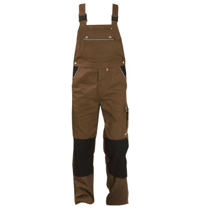 Braune Arbeitsoveralls mit schwarzen Knieflicken und verstellbaren Trägern, mit einer Vordertasche ausgestattet. Geeignet für manuelle Arbeiten oder Außenarbeiten.
