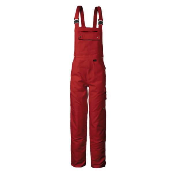 Rote Latzhose mit verstellbaren Schultergurten und einer Vordertasche, entworfen für Arbeitskleidung oder legere Kleidung.