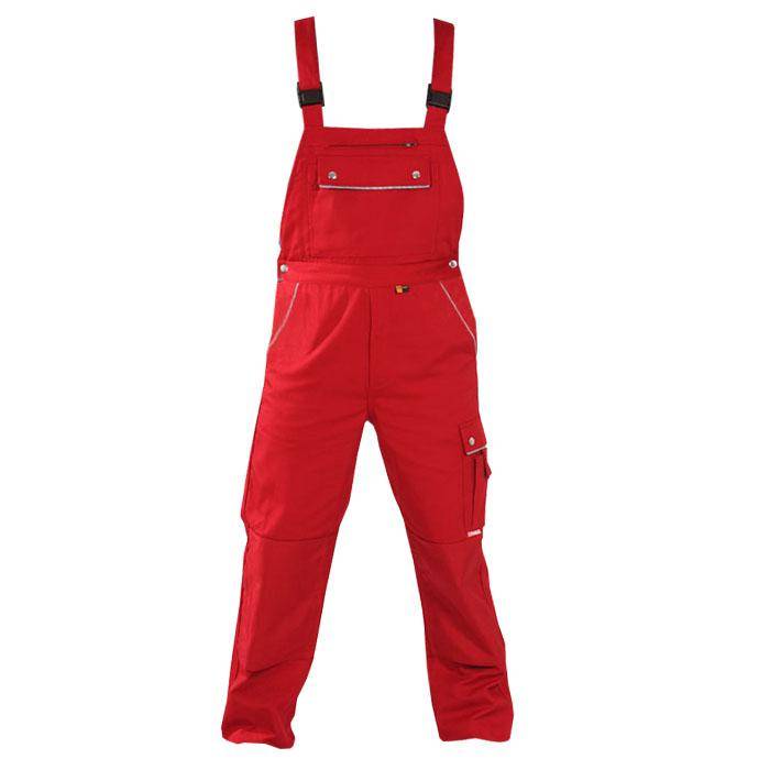 Rote Arbeitsoveralls mit verstellbaren Schultergurten und mehreren Taschen, entwickelt für Funktionalität und Langlebigkeit bei manuellen Arbeitsaufgaben.