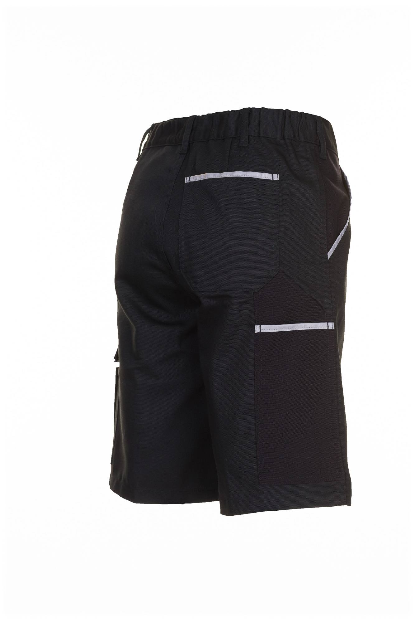 Schwarze Sportshorts von hinten auf weißem Hintergrund gezeigt, mit reflektierenden Streifenakzenten und elastischem Bund.