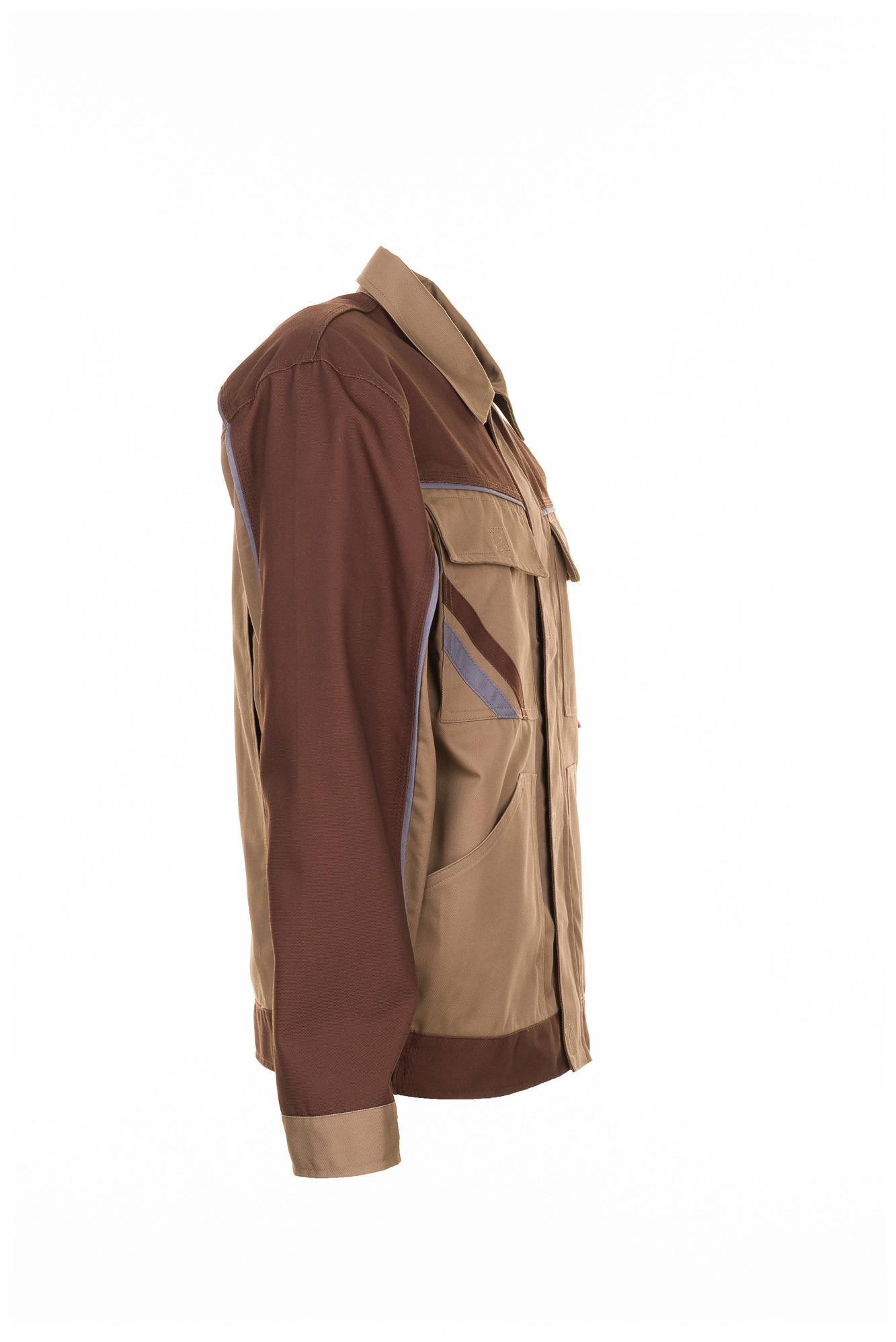 Seitenansicht einer beige und braun gestreiften Langarm-Hemd-Jacke mit Knopfleiste auf weißem Hintergrund.