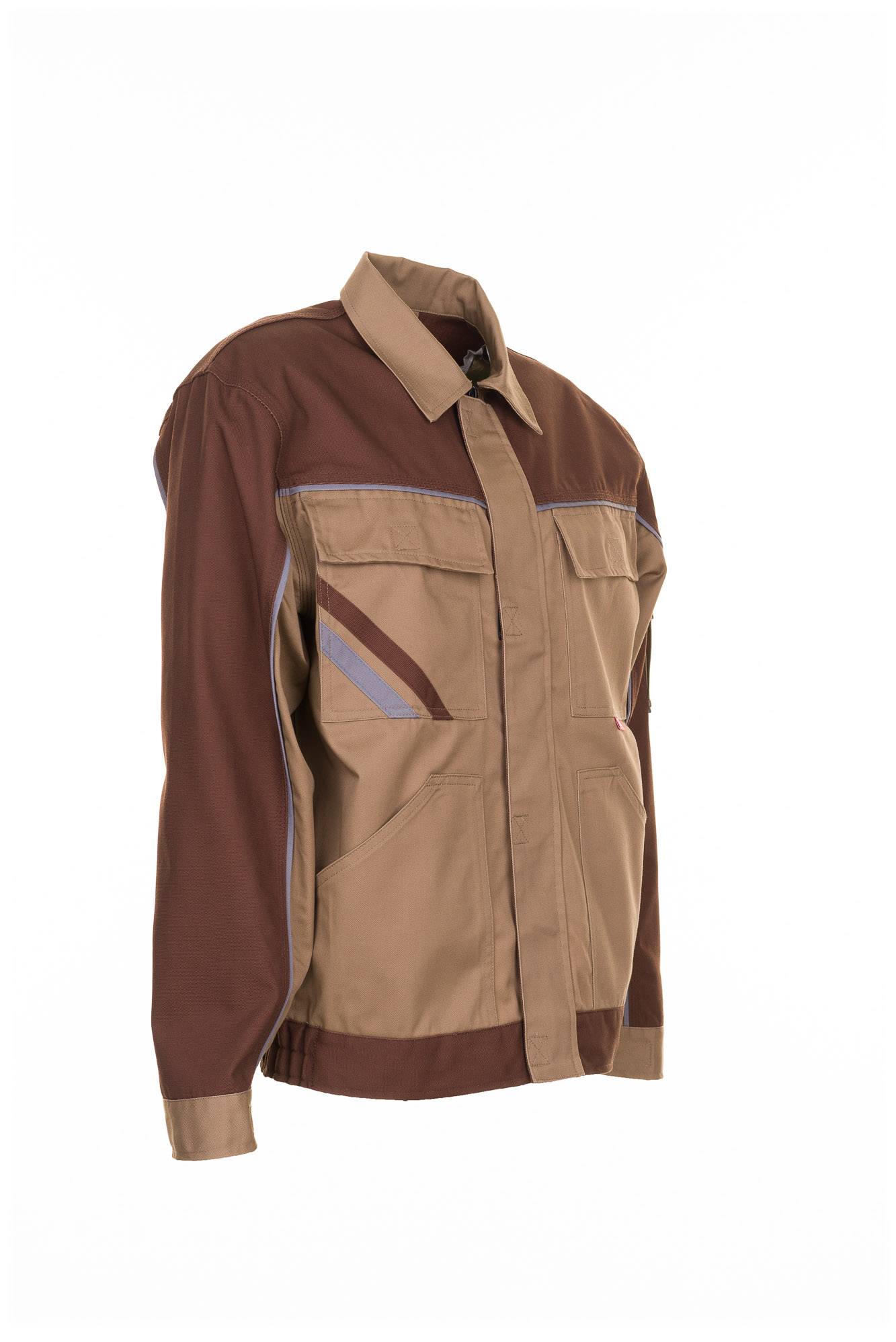 Braune und beige Arbeitsschutzjacke mit langen Ärmeln, Kragen, Frontverschluss und Brusttaschen, gezeigt auf weißem Hintergrund.