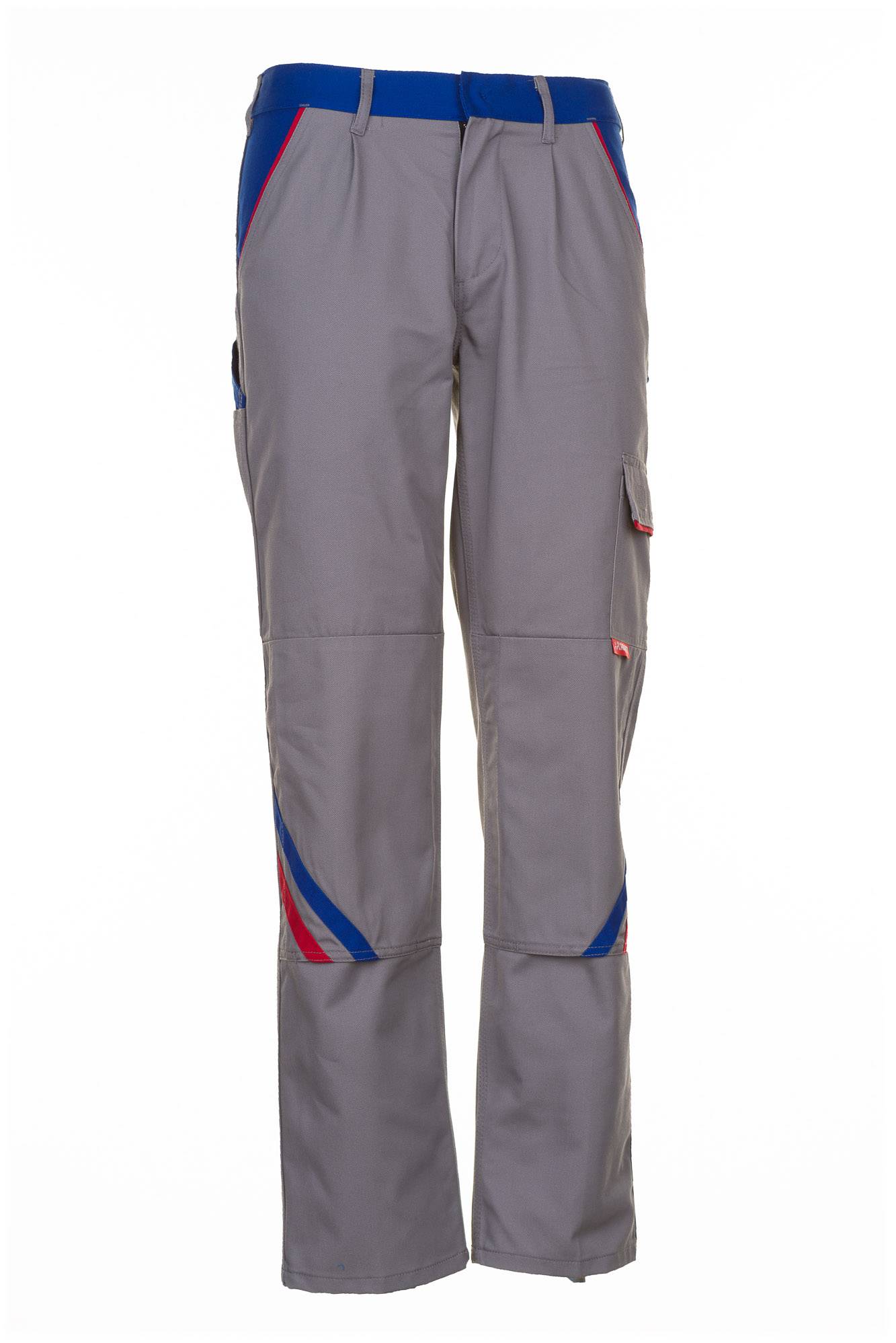 Graue Outdoor-Hosen mit blauem Bund und rot-blauen Seitenelementen, Vorderansicht auf weißem Hintergrund.
