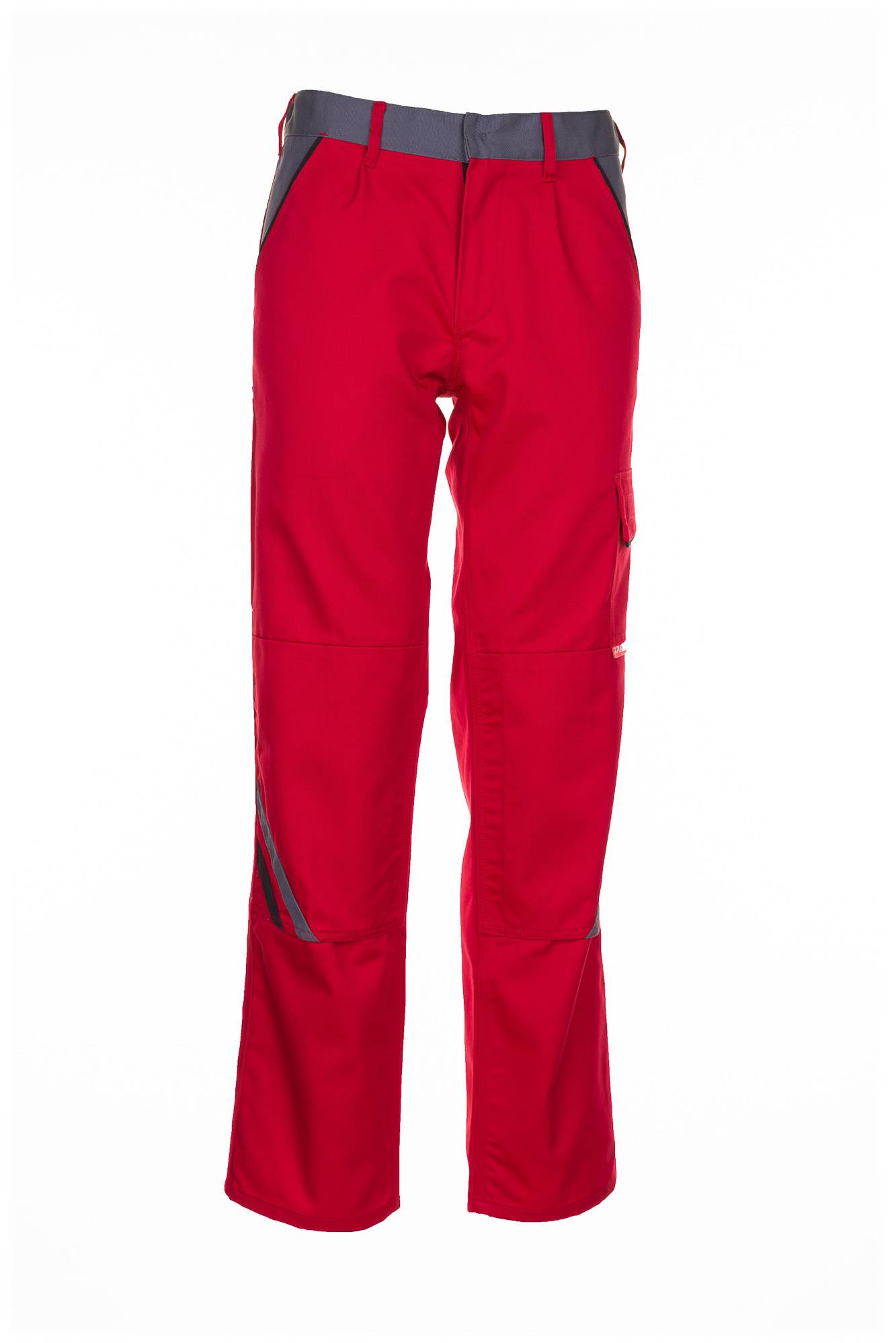 Rote Outdoor-Hosen mit grauem Bund und Besatz, Vorderansicht auf weißem Hintergrund.