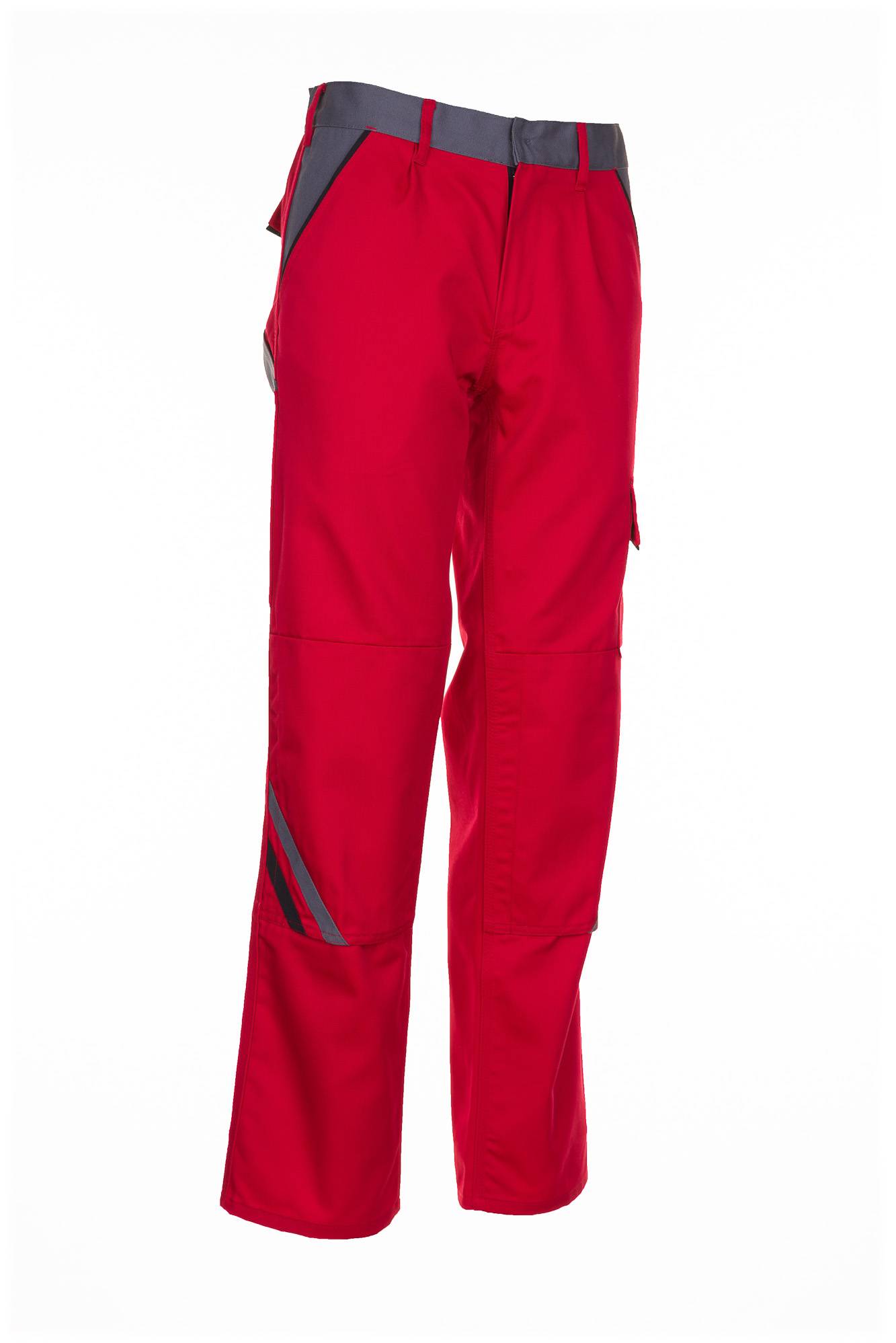 Rote Sportleggins mit grauem Bund und Seitenstreifen, dargestellt auf weißem Hintergrund.