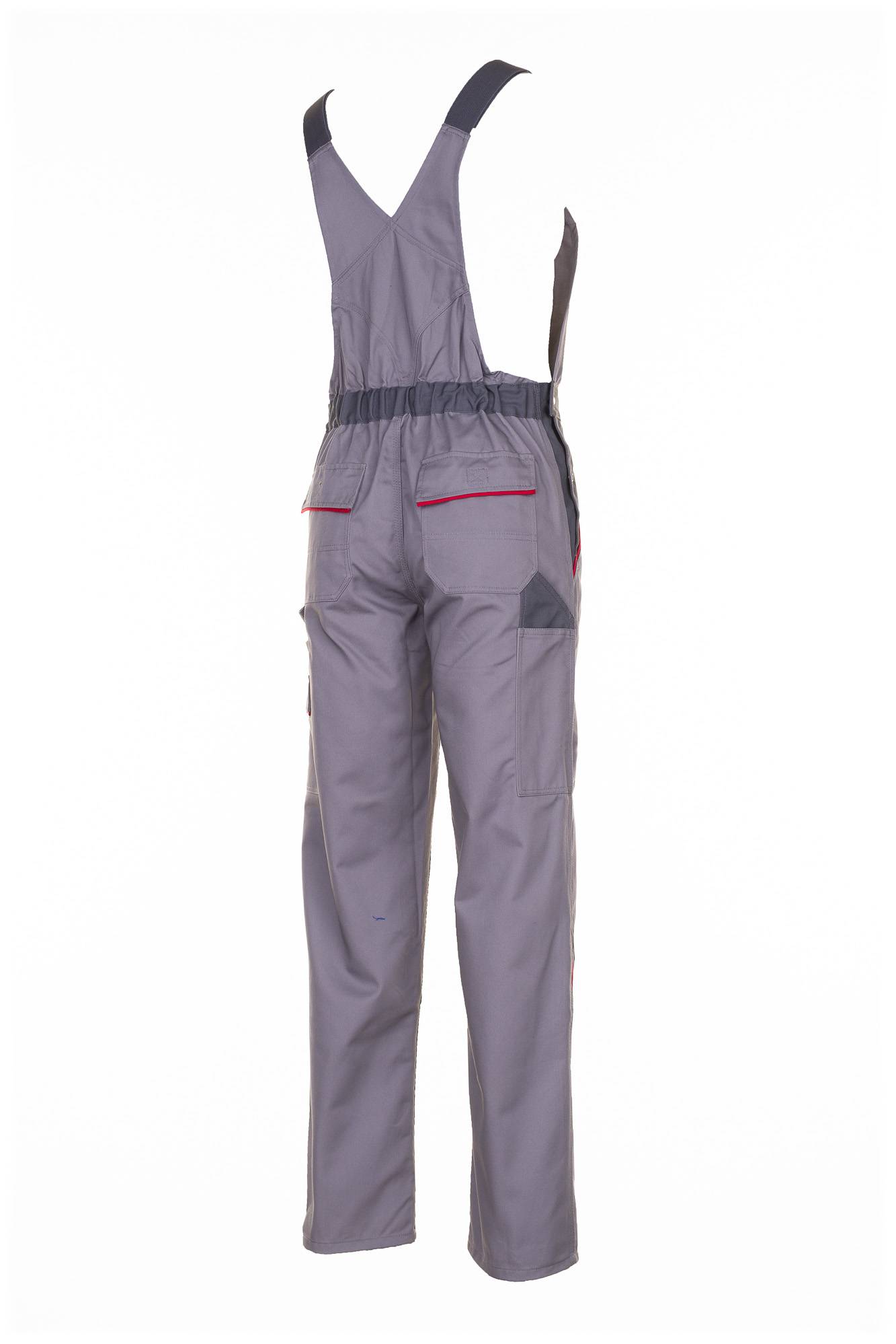 Graue ärmellose Latzhose mit verstellbaren Schultergurten, elastischer Taille und Reißverschlusstaschen, gezeigt auf weißem Hintergrund.