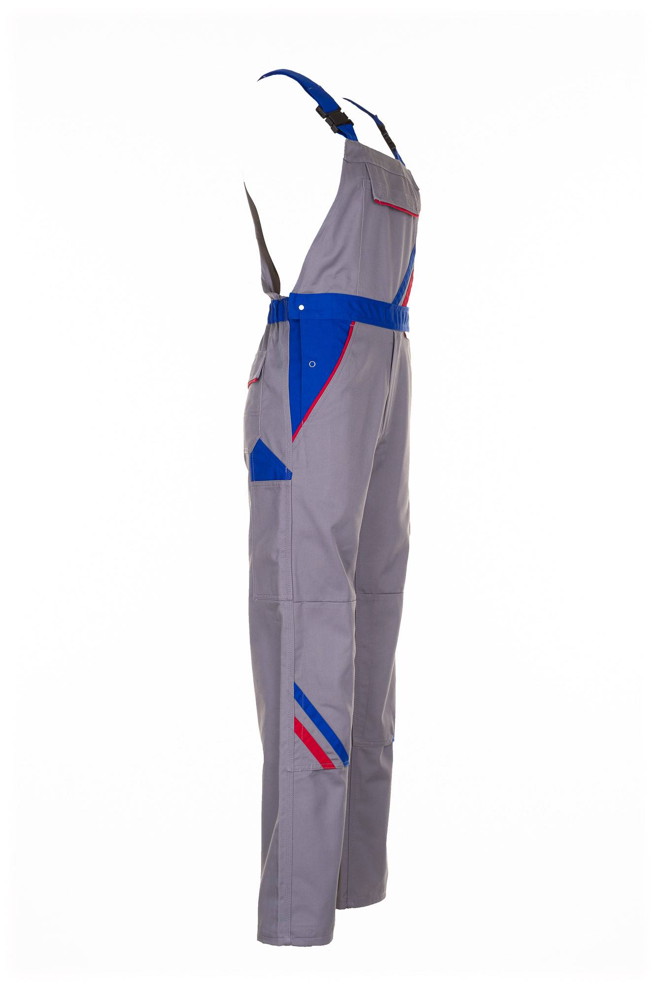 Grauer ärmeloses Jumpsuit mit blauem und rotem Besatz, gezeigt auf einem einfachen weißen Hintergrund.