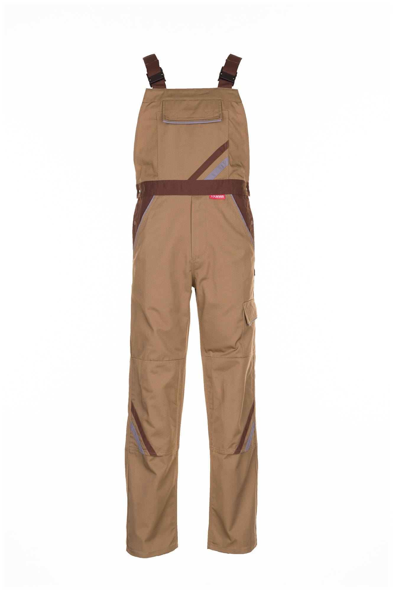 Beige Latzhose mit Schultergurten, Vordertasche und Cargo-Beintasche auf einfachem weißem Hintergrund.