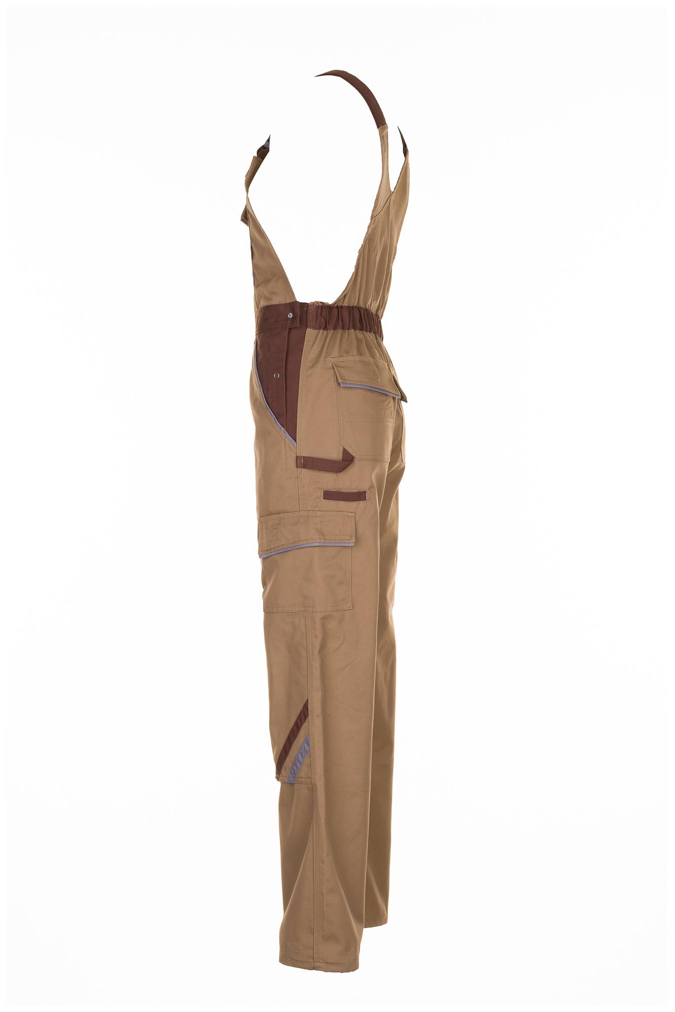 Eine beige Arbeiterschürze mit einem Schultergurt, mehreren Taschen und dunklem braunem Besatz, auf weißem Hintergrund dargestellt.