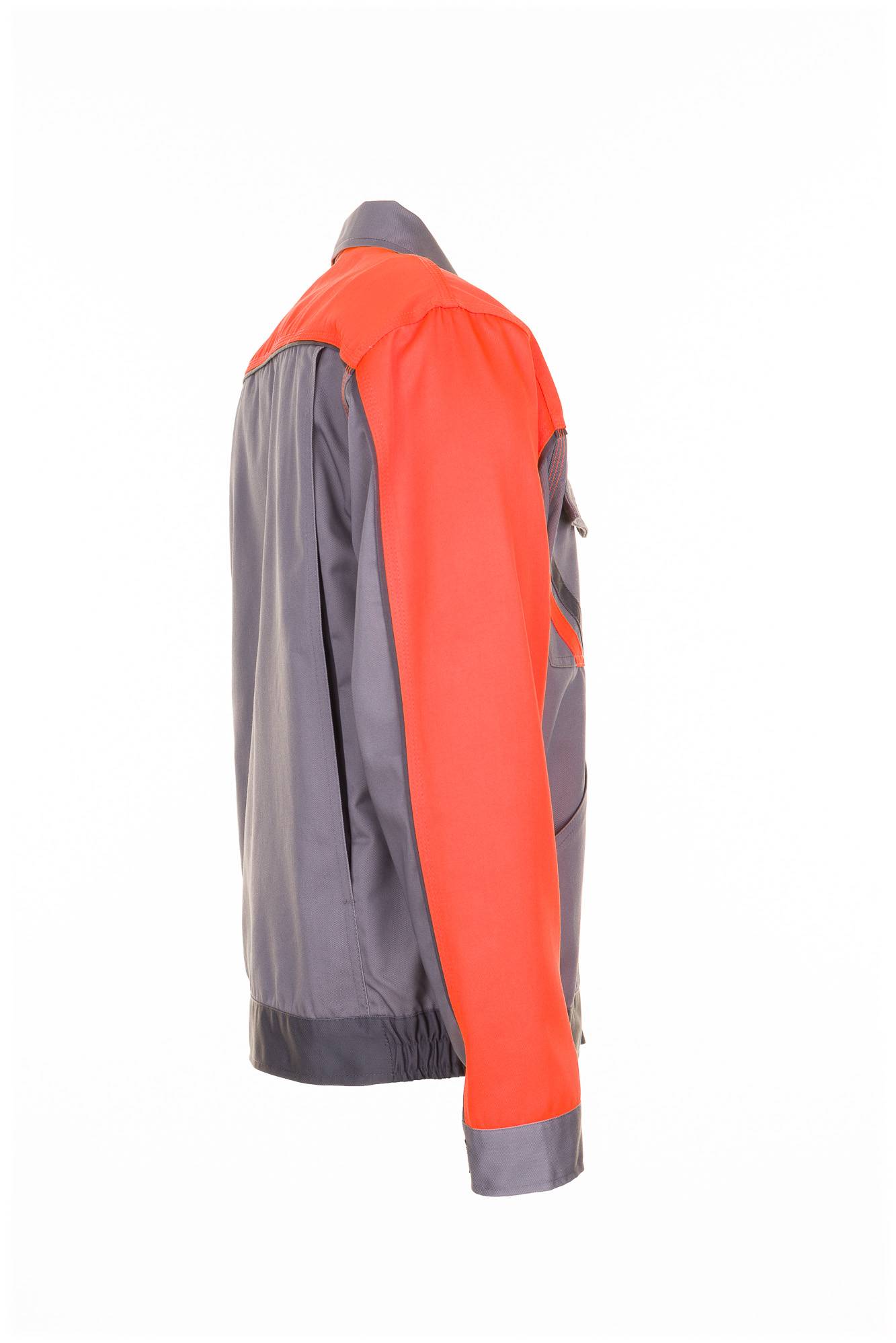 Grau-orangene Jacke mit langen Ärmeln, von hinten auf weißem Hintergrund gezeigt.