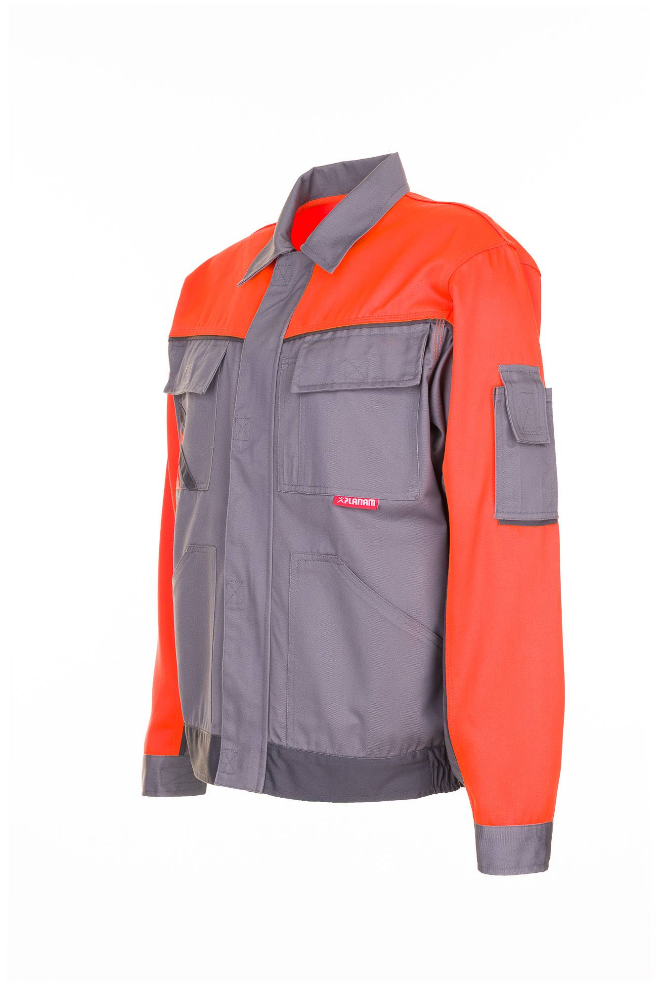 Orange und graue Arbeitsjacke mit langen Ärmeln, Brust- und Armentaschen, auf schlicht weißem Hintergrund abgebildet.
