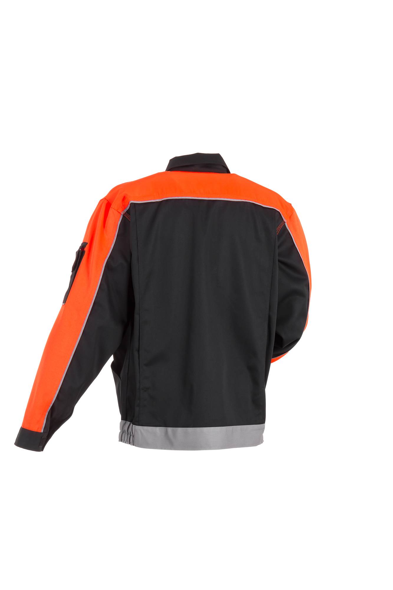 Schwarz-orange Warnschutzjacke, von hinten gezeigt, mit reflektierendem grauem Saum.
