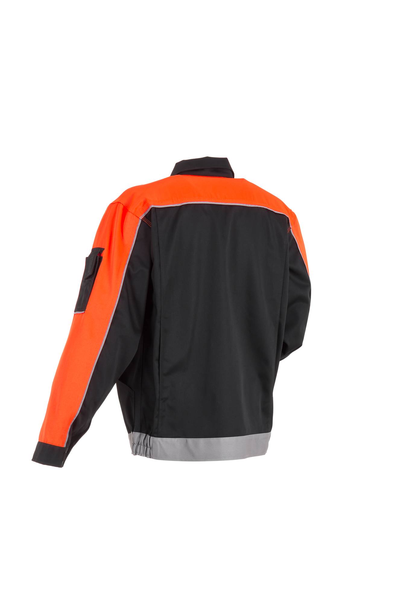 Rückansicht einer hochsichtbaren orange-schwarzen Arbeitsjacke mit reflektierenden Streifen auf weißem Hintergrund.