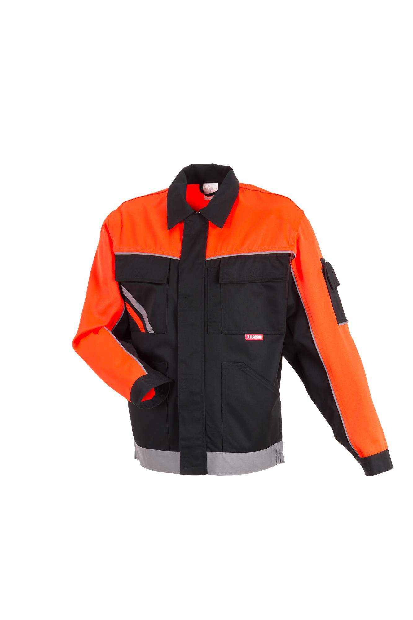 Orange und schwarze Arbeitsjacke mit langen Ärmeln, Vorderansicht auf einfachem weißem Hintergrund.