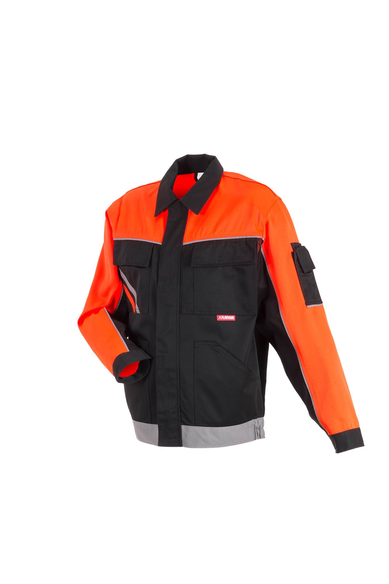 Hochsichtbare Arbeitsjacke in Orange und Schwarz mit reflektierendem grauem Saum und mehreren Taschen, isoliert auf weißem Hintergrund dargestellt.
