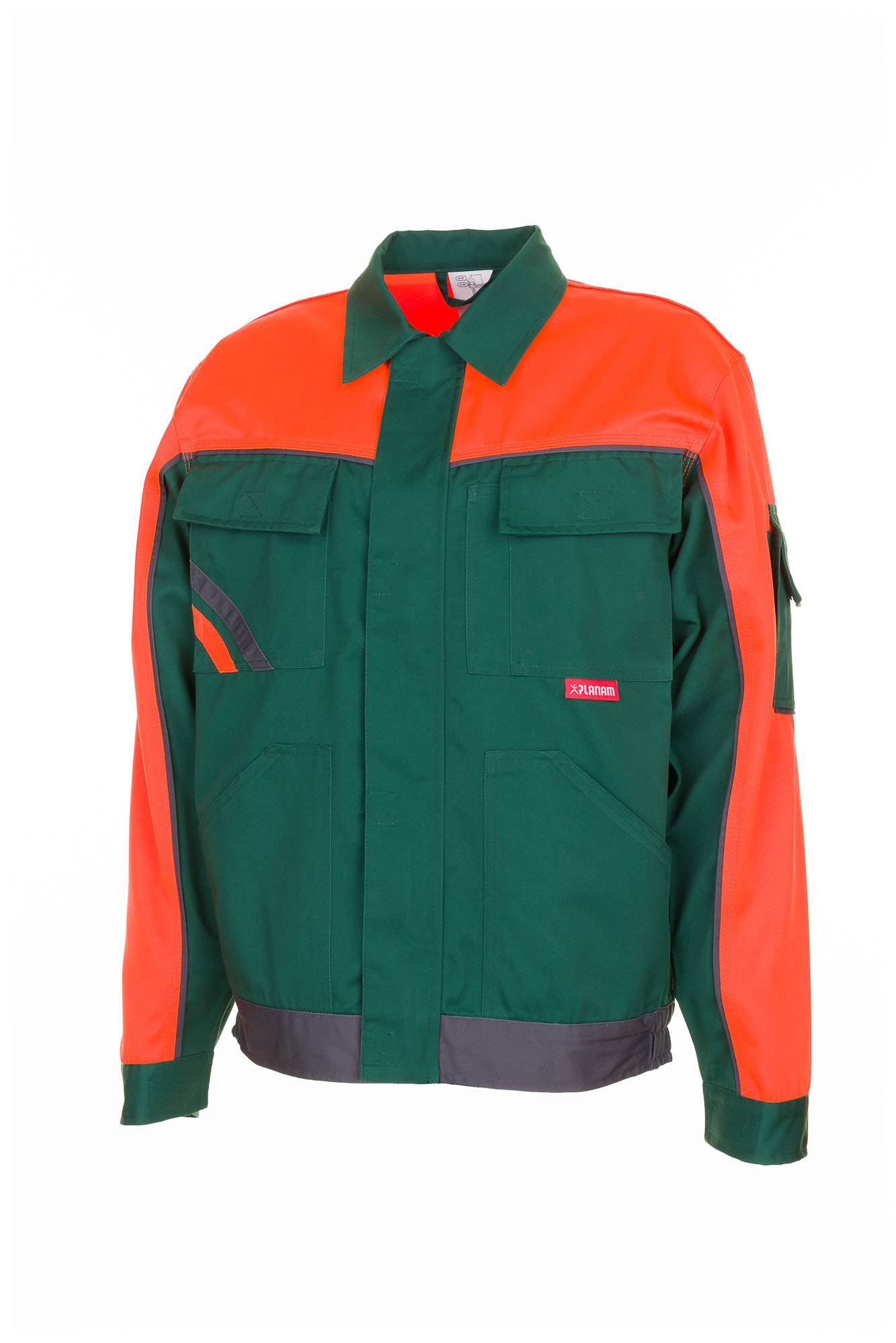 Frontansicht einer grün und orange gestreiften Arbeitsjacke mit Kragen, Brustraschen und langen Ärmeln auf weißem Hintergrund.