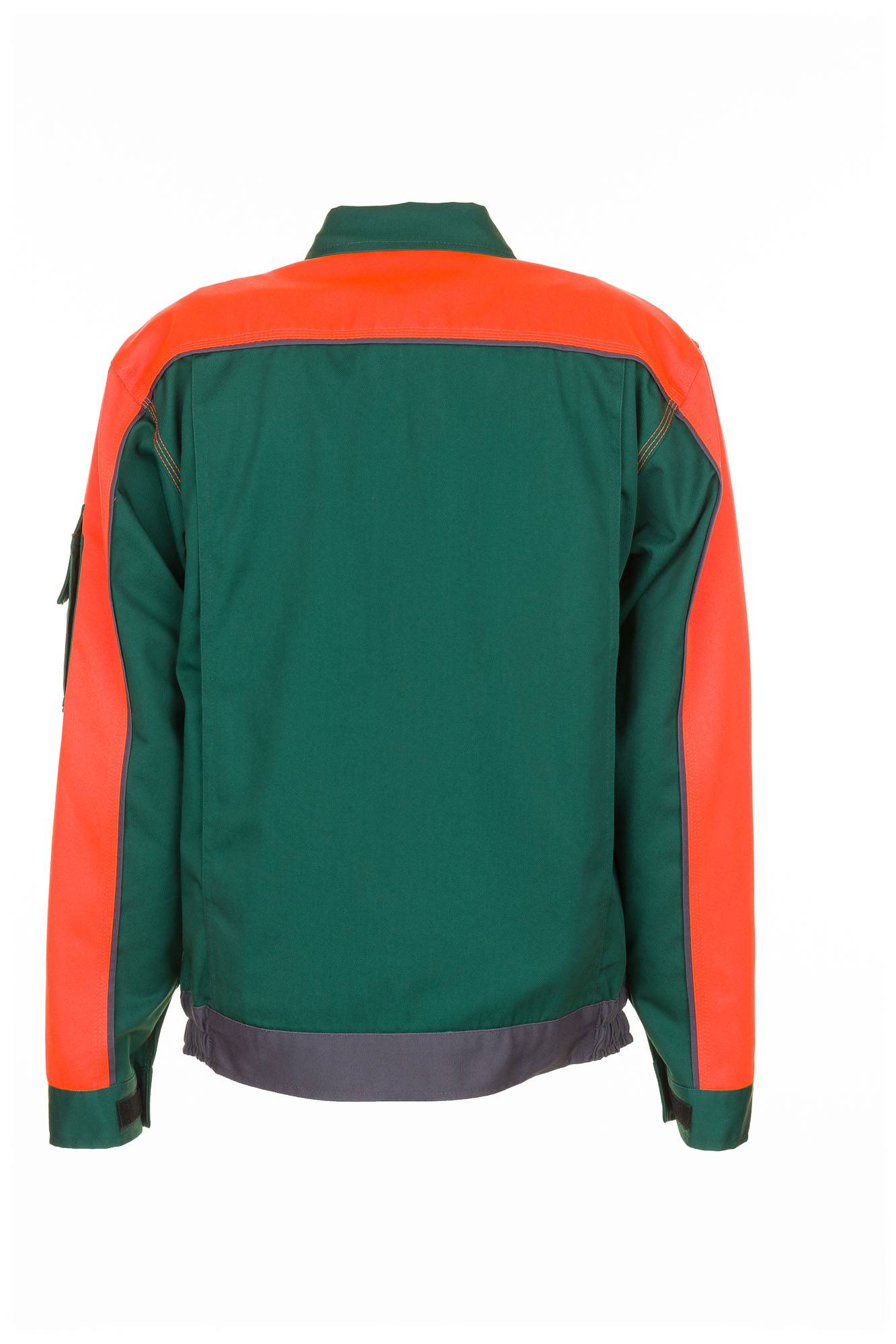 Rückansicht einer grünen Jacke mit leuchtend orangefarbenen Schulter- und Ärmelpaneelen und einem dunklen Saum, gezeigt auf einfachem weißem Hintergrund.