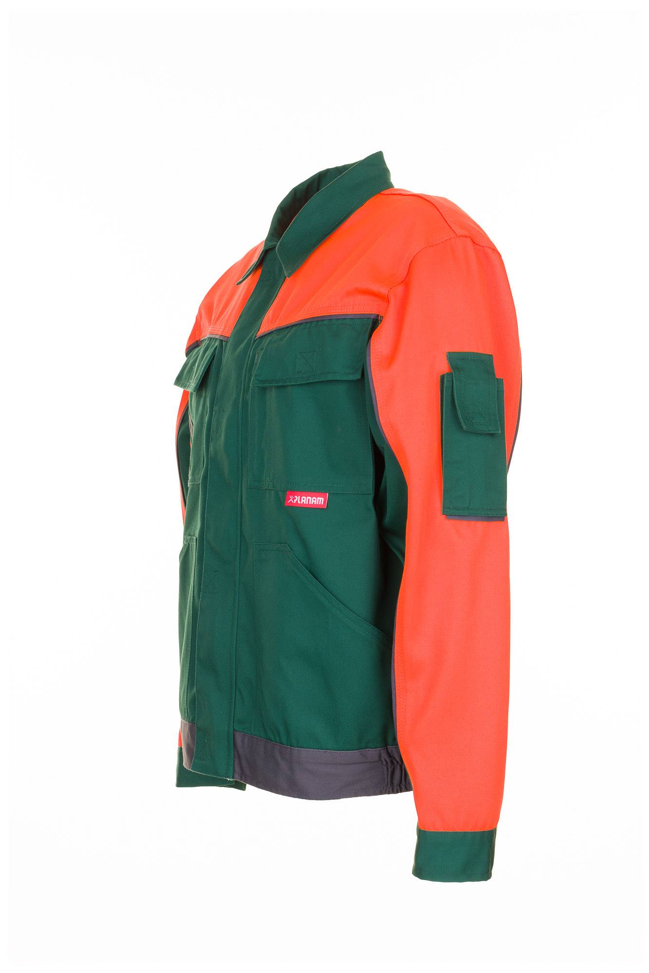 Orange und dunkelgrüne Arbeitsjacke mit langen Ärmeln, in Seitenansicht auf weißem Hintergrund gezeigt, mit Brust- und Ärmeltaschen sowie hohem Kragen.