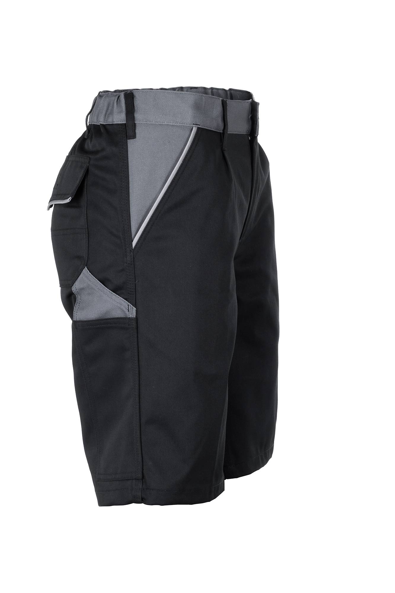 Schwarze und graue Sportshorts mit reflektierenden Seitenpaneelen und elastischem Bund, gezeigt auf einfachem weißem Hintergrund.