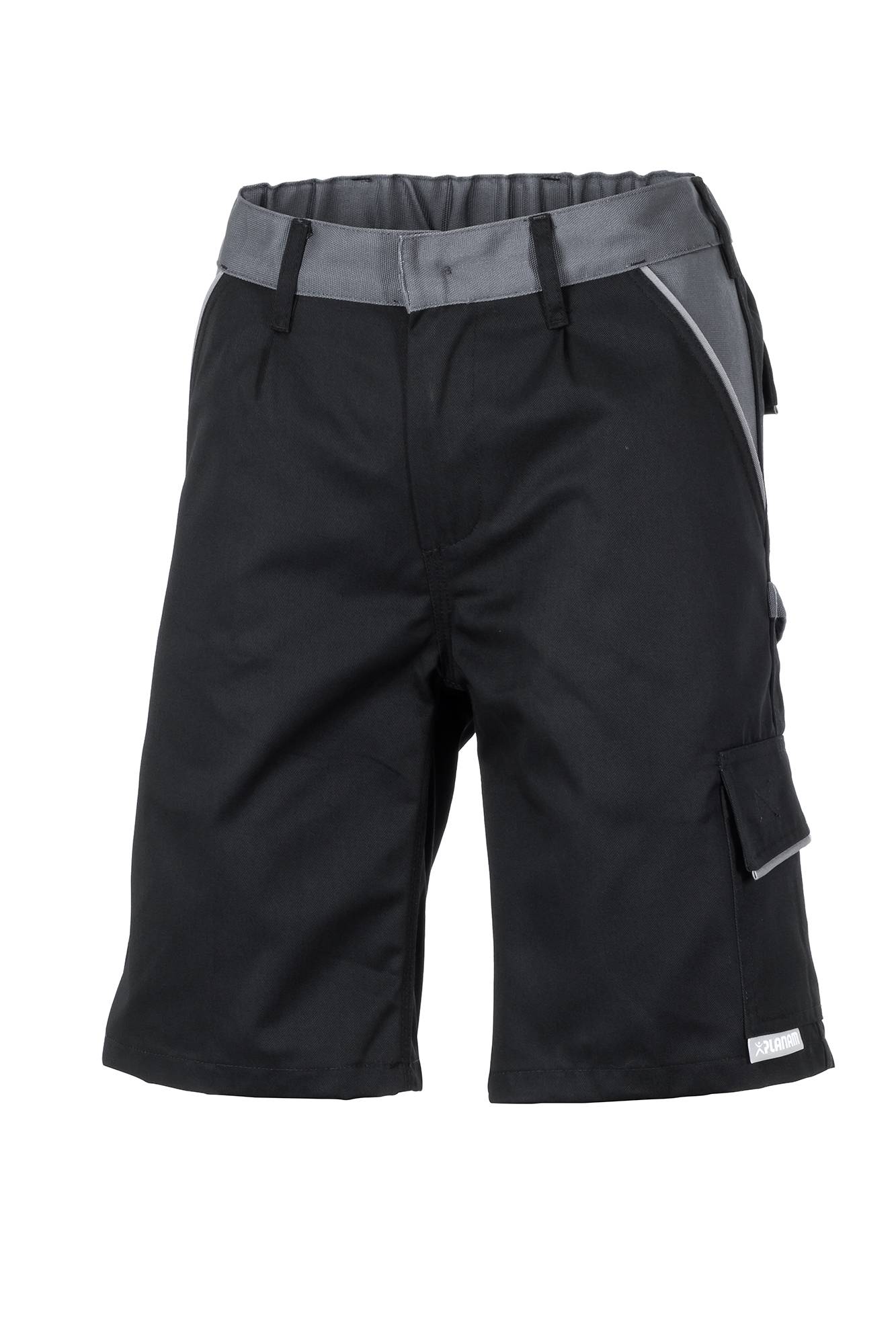 Schwarze Cargoshorts mit grauem Bund, Seitentasche und knielanger Schnittführung auf weißem Hintergrund.