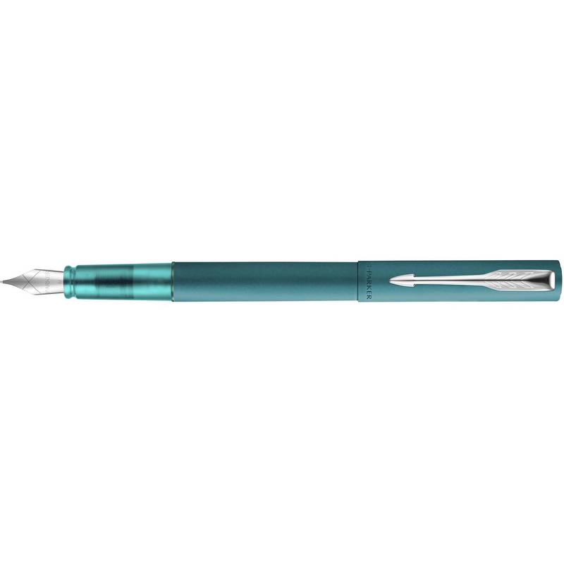 Grüner-blaue Füllfeder mit silberner Feder, horizontal auf weißem Hintergrund dargestellt.