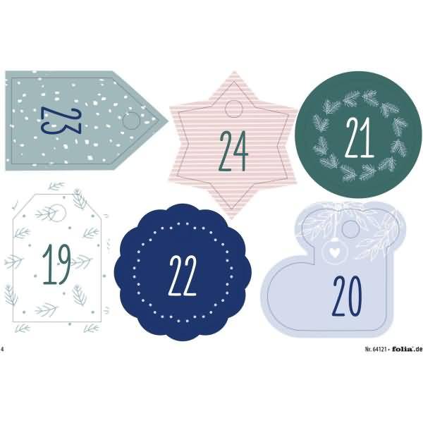 Sechs nummerierte Geschenkanhänger-Designs mit den Nummern 19, 20, 21, 22, 23 und 24 in verschiedenen Pastell- und dunklen Formen.