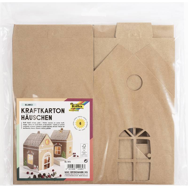 Karton-Hausbauset-Verpackung mit Montageanleitungen und Bild eines zusammengebauten Hauses mit Bogenfenster- und Türdesign.