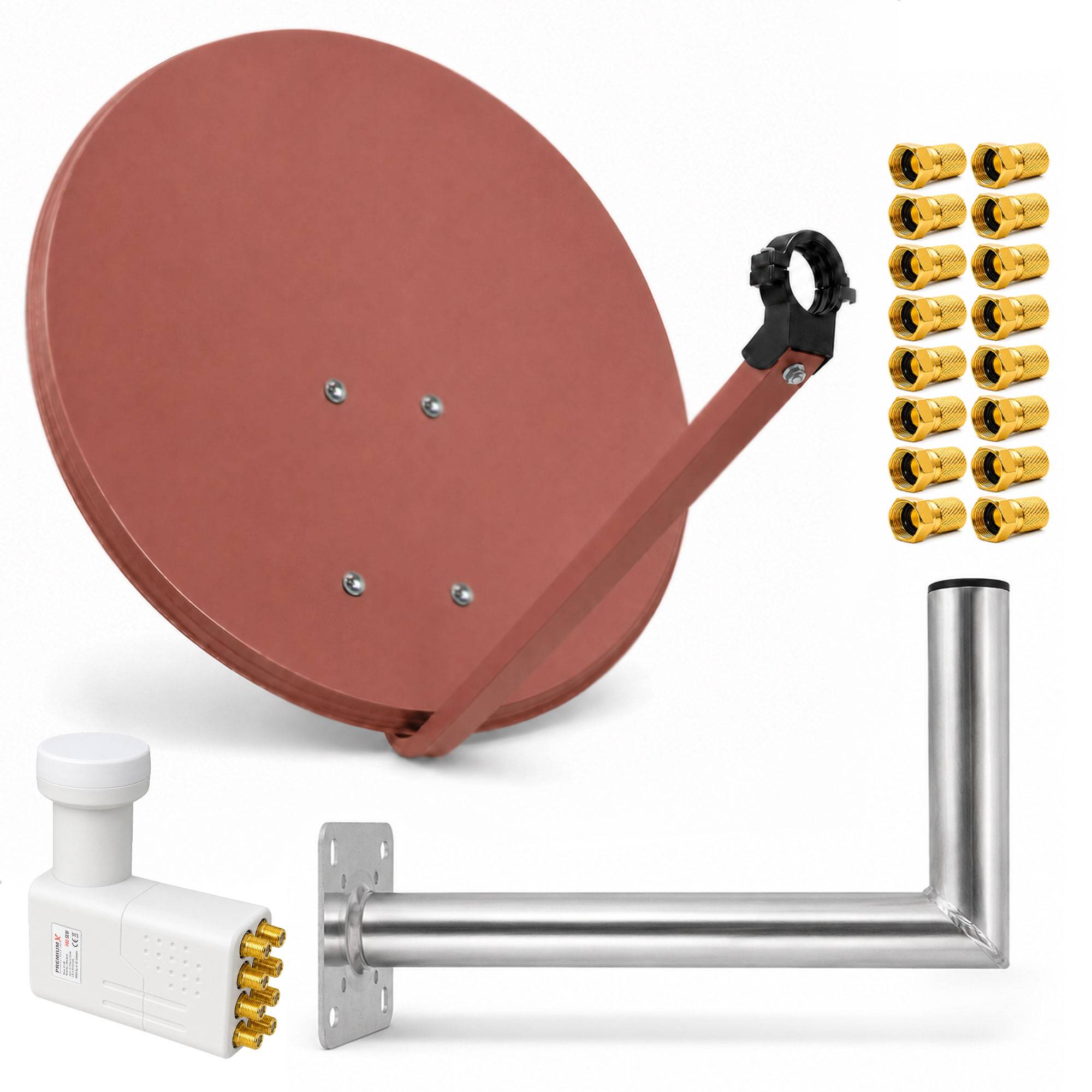 PremiumX Satelliten-Komplettanlage 80cm Satellitenantenne Rot Satellitenschüssel SAT Octo LNB 16x F-Stecker Wandhalter 45cm