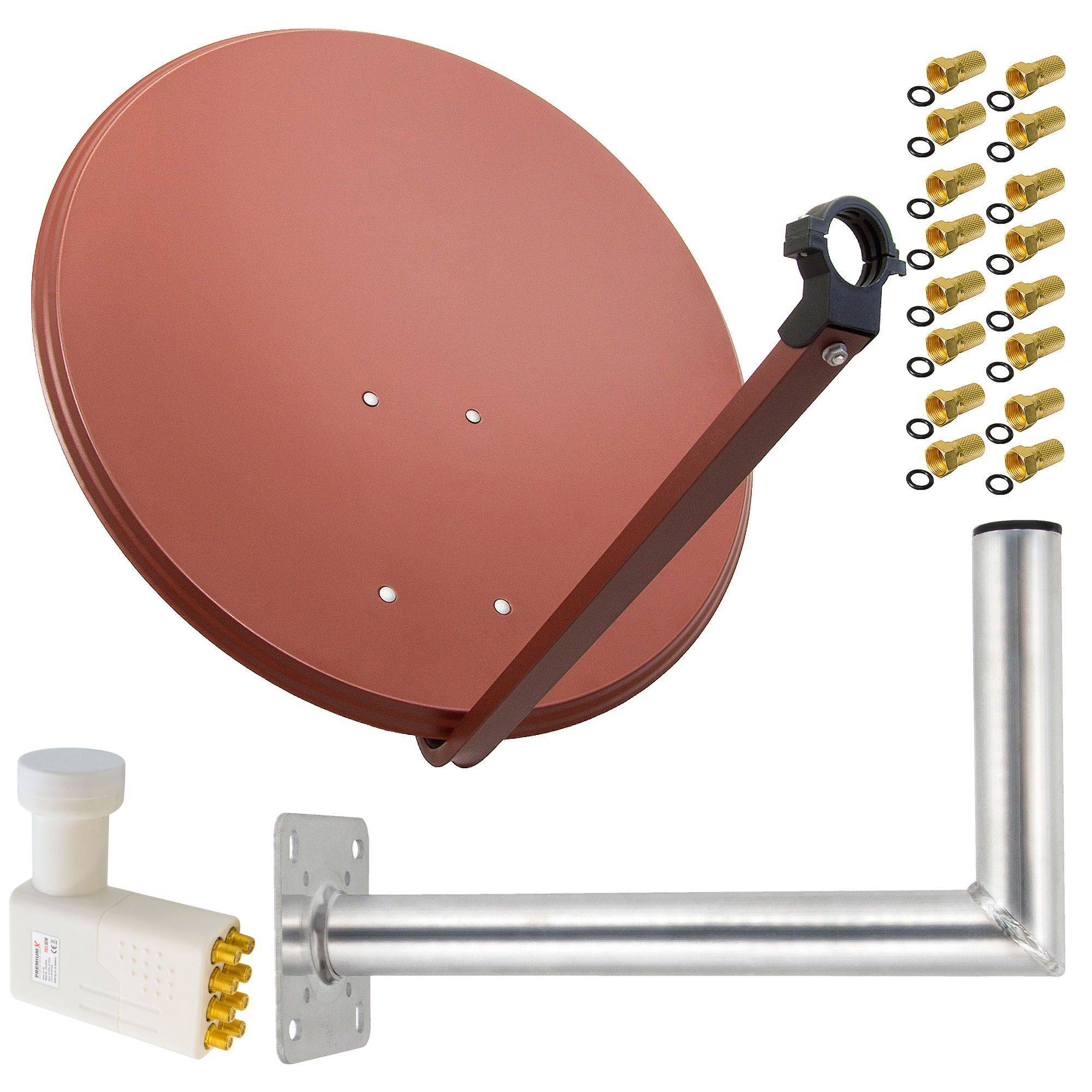 PremiumX Satelliten-Komplettanlage 80cm Satellitenantenne Rot Satellitenschüssel SAT Octo LNB 16x F-Stecker Wandhalter 45cm