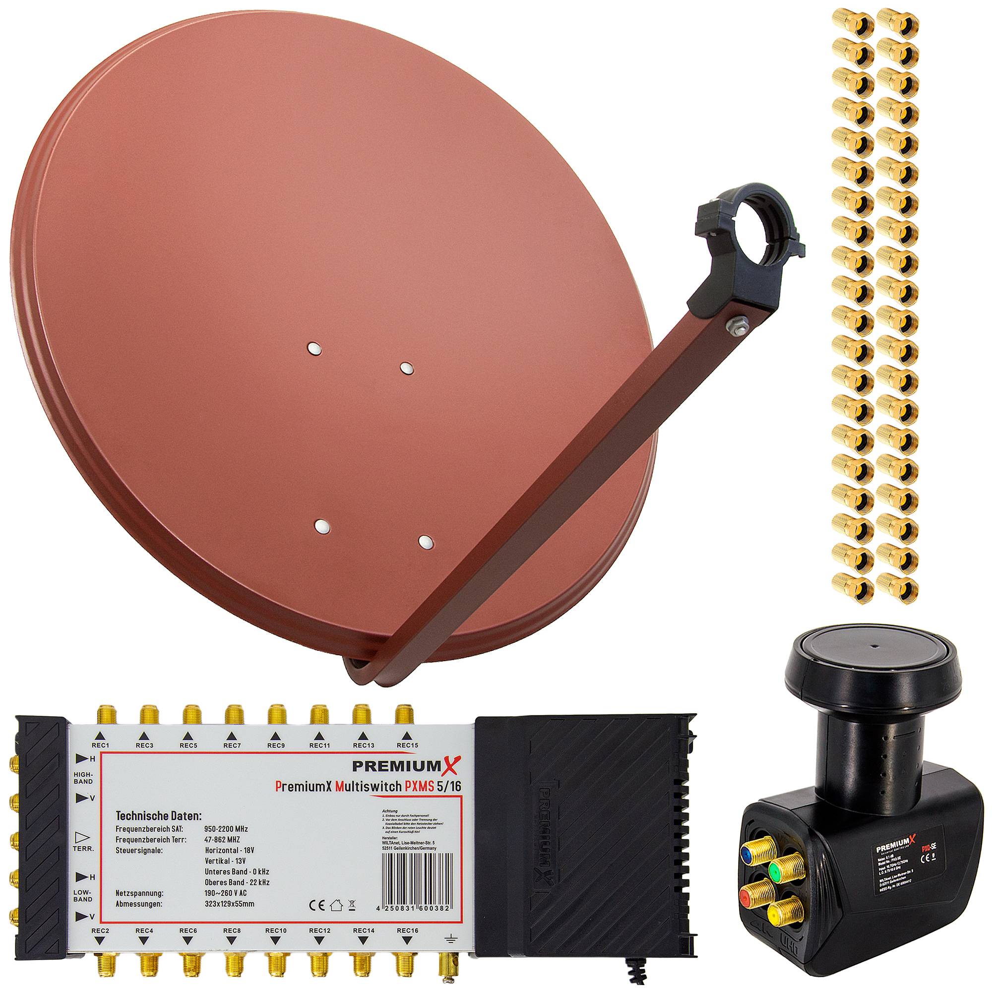 PremiumX Satelliten-Komplettanlage 80cm Satellitenschüssel Rot 5/16 Multischalter Quattro LNB 40x F-Stecker, 1 SAT bis 16 Teilnehmer
