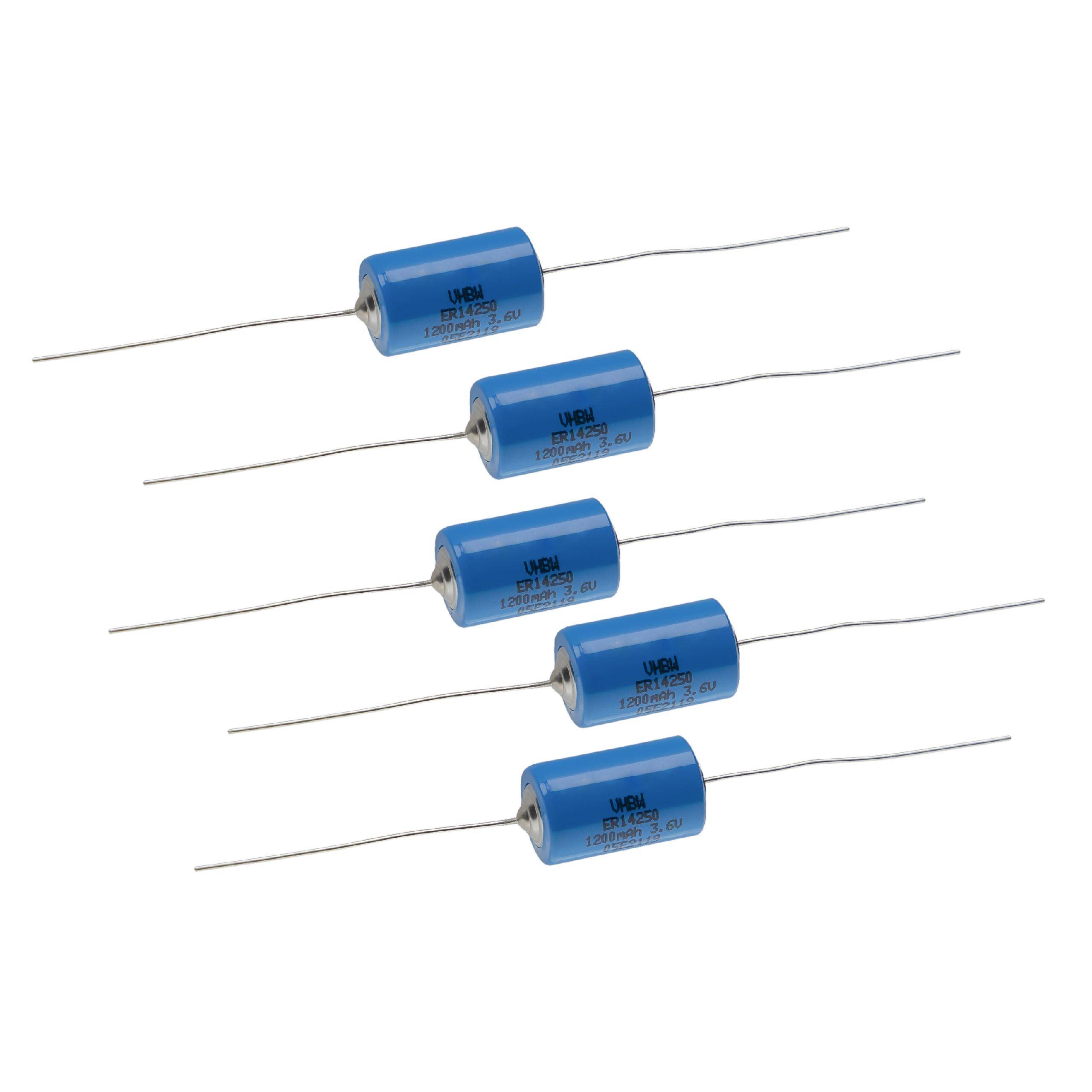 vhbw 5x ER14250 Rundzellenbatterien - Spezialbatterien mit Lötanschlüssen (1200mAh, 3,6V, Li-SOCl2)