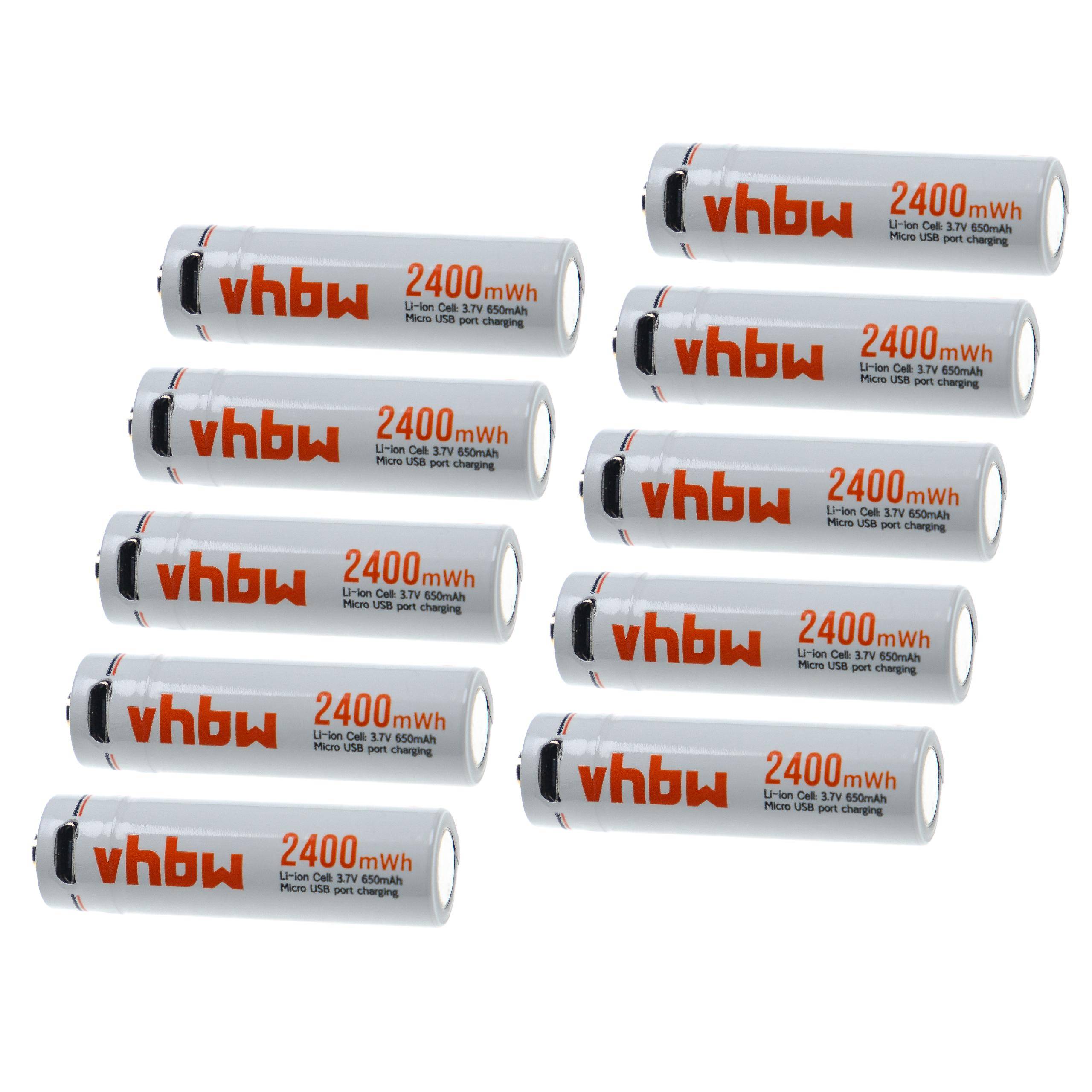 vhbw 10x AA Mignon Akkus mit Micro USB-Anschluss (650mAh, 3,7V, Li-Ion)