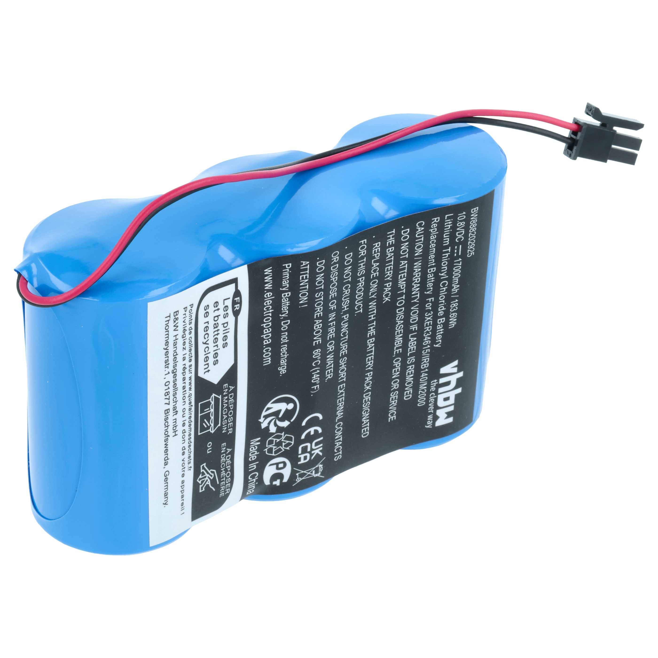 Blauer wiederaufladbarer Batteriesatz mit angebrachten roten und schwarzen Leitungsdrähten und Stecker, gezeigt auf weißem Hintergrund.