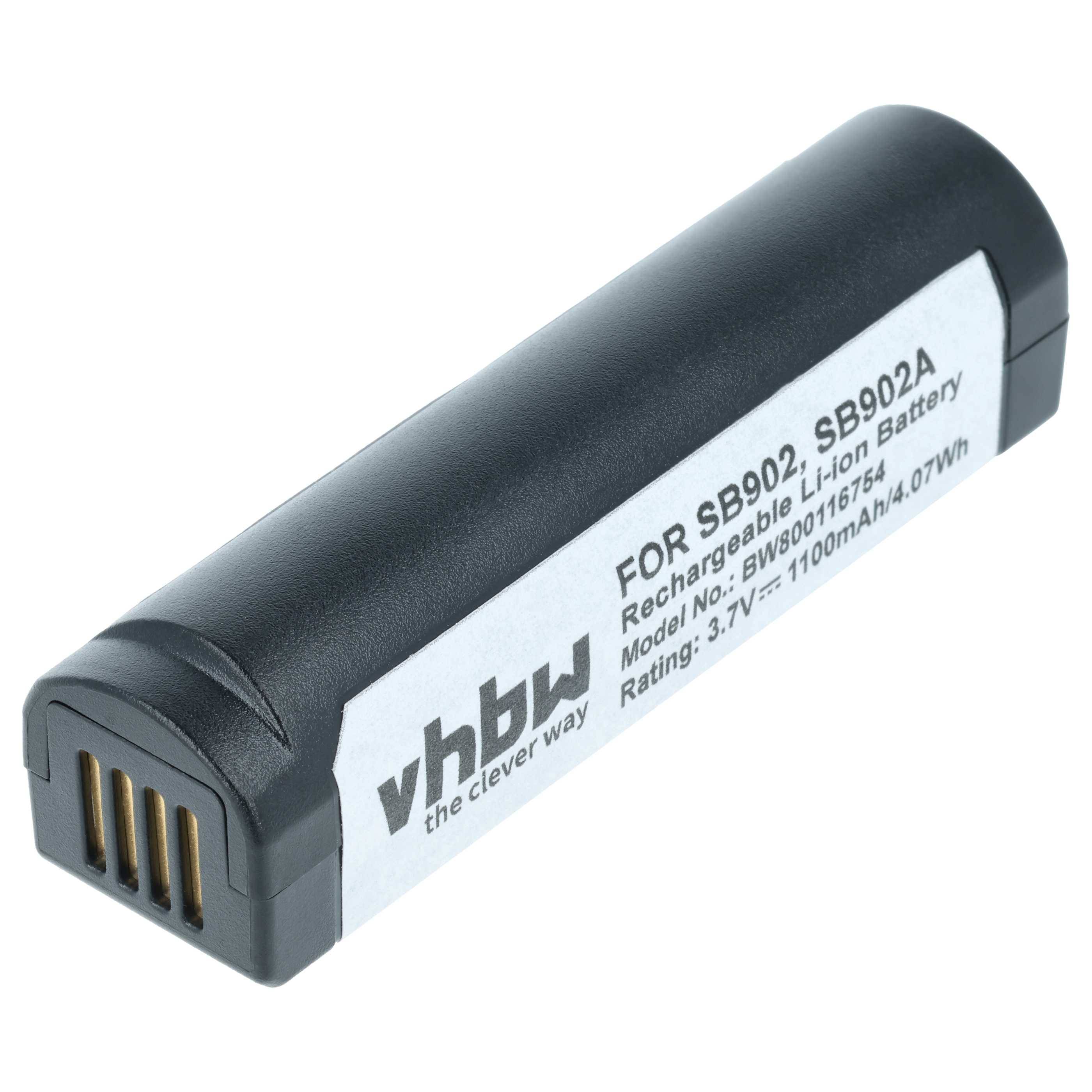 Aufladbarer Li-Ion-Akku mit Etikett: 'vhbw, Für SB02, SB902A, Modell BW90011374, Bewertung: 3,7V, 1100mAh/4,07Wh'. Schwarzes Gehäuse mit goldenen Kontakten.