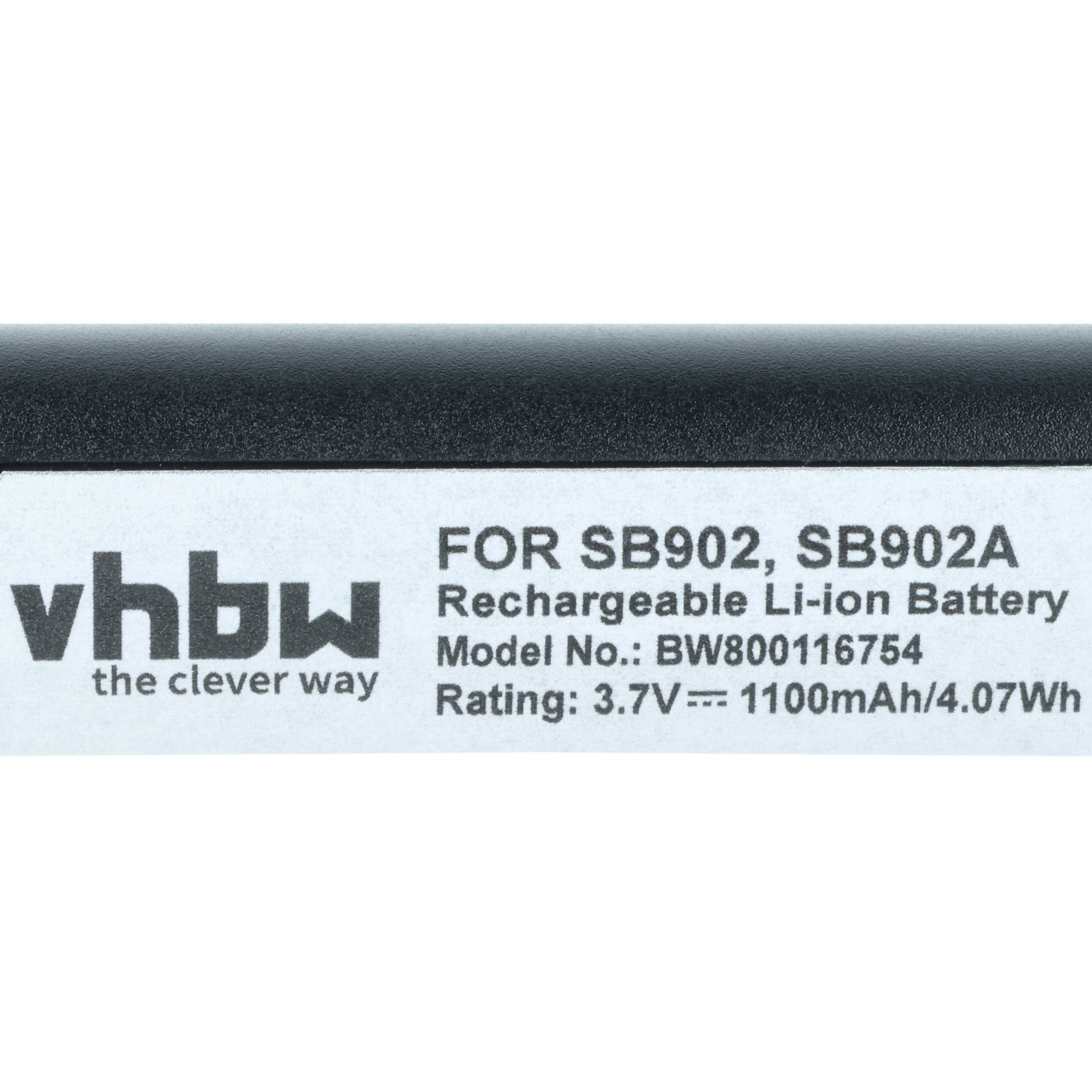 Etikett für Li-Ion-Akku für SB902, SB902A. Modell: BW800116754. Bewertung: 3,7V, 1100mAh/4,07Wh. Marke: vhbw.