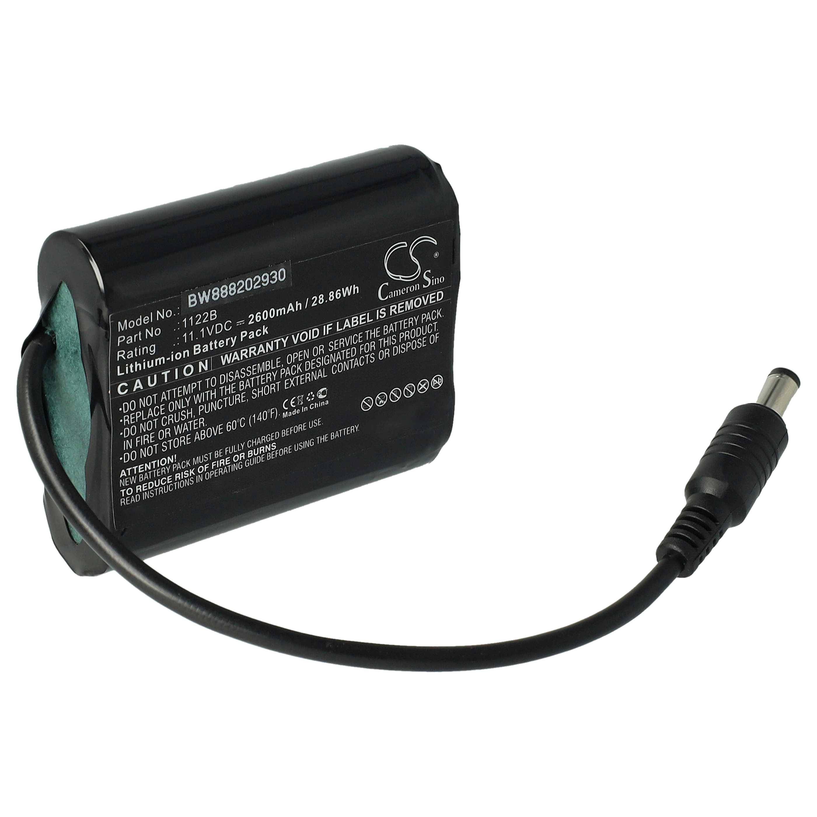 Schwarzes wiederaufladbares Batteriepack mit angebrachtem Kabel und zylindrischem Steckerstecker
