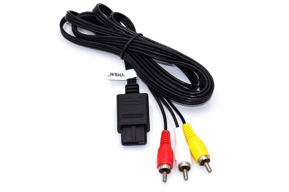 Ein schwarzes AV-Kabel mit drei Anschlüssen: rot, weiß und gelb.