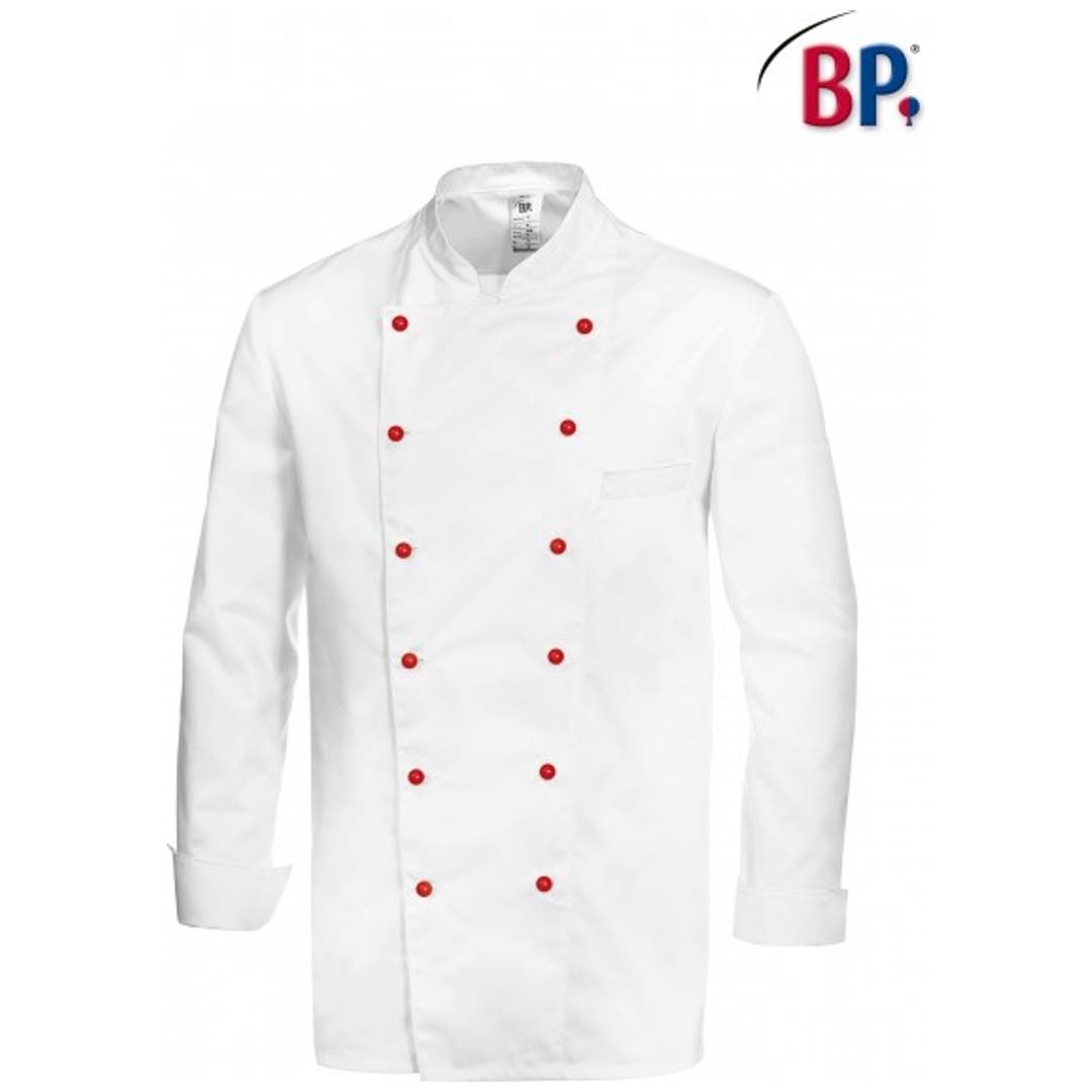 Weiße zweireihige Kochjacke mit roten Knöpfen und BP-Logo oben rechts.