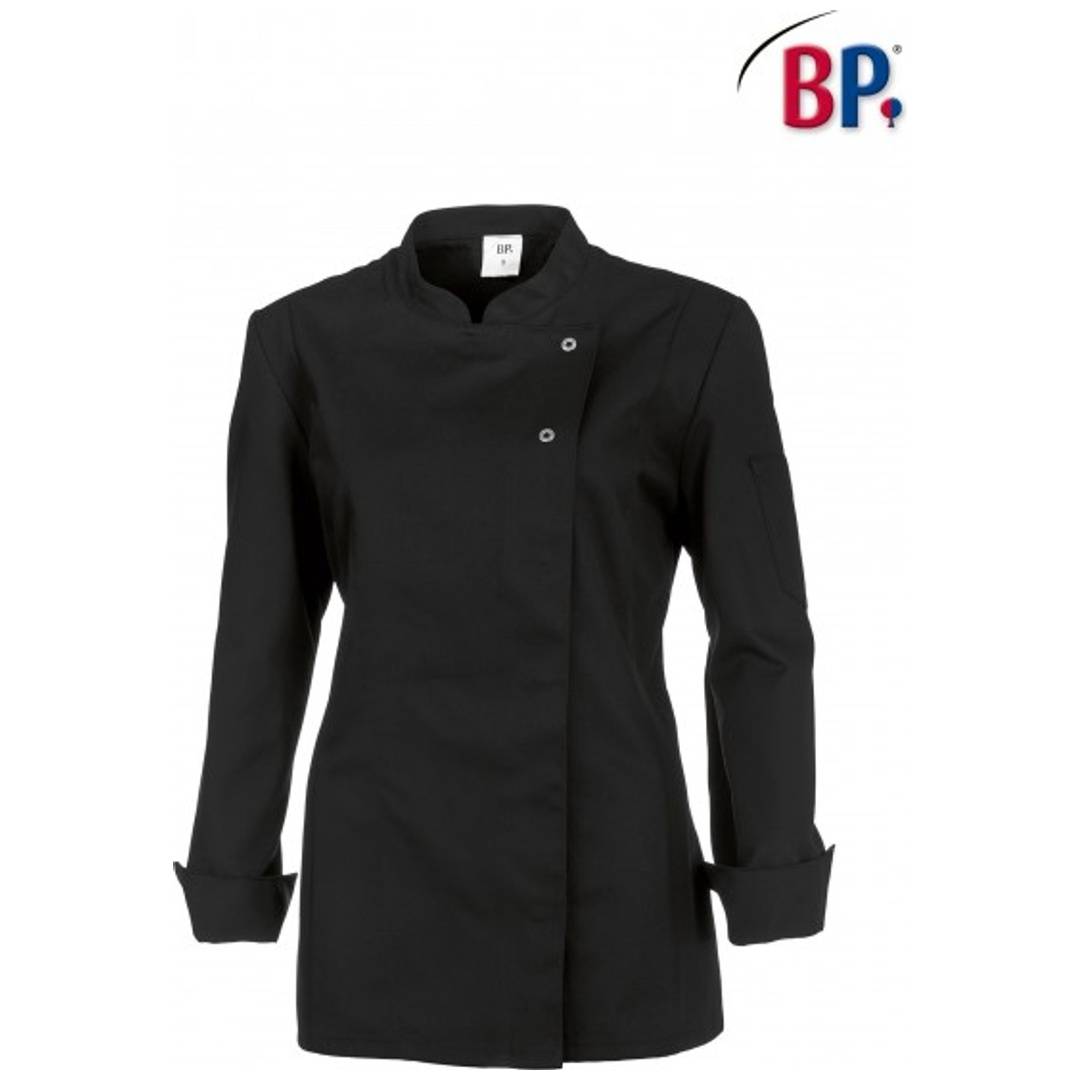 Schwarze Kochjacke mit langen Ärmeln, Stehkragen und asymmetrischer Knopfleiste, präsentiert auf einfachem weißem Hintergrund.