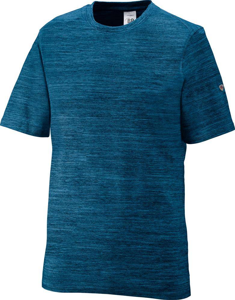 Blaues Heather-Kurzarm-Crewneck-T-Shirt, Vorderansicht auf weißem Hintergrund.