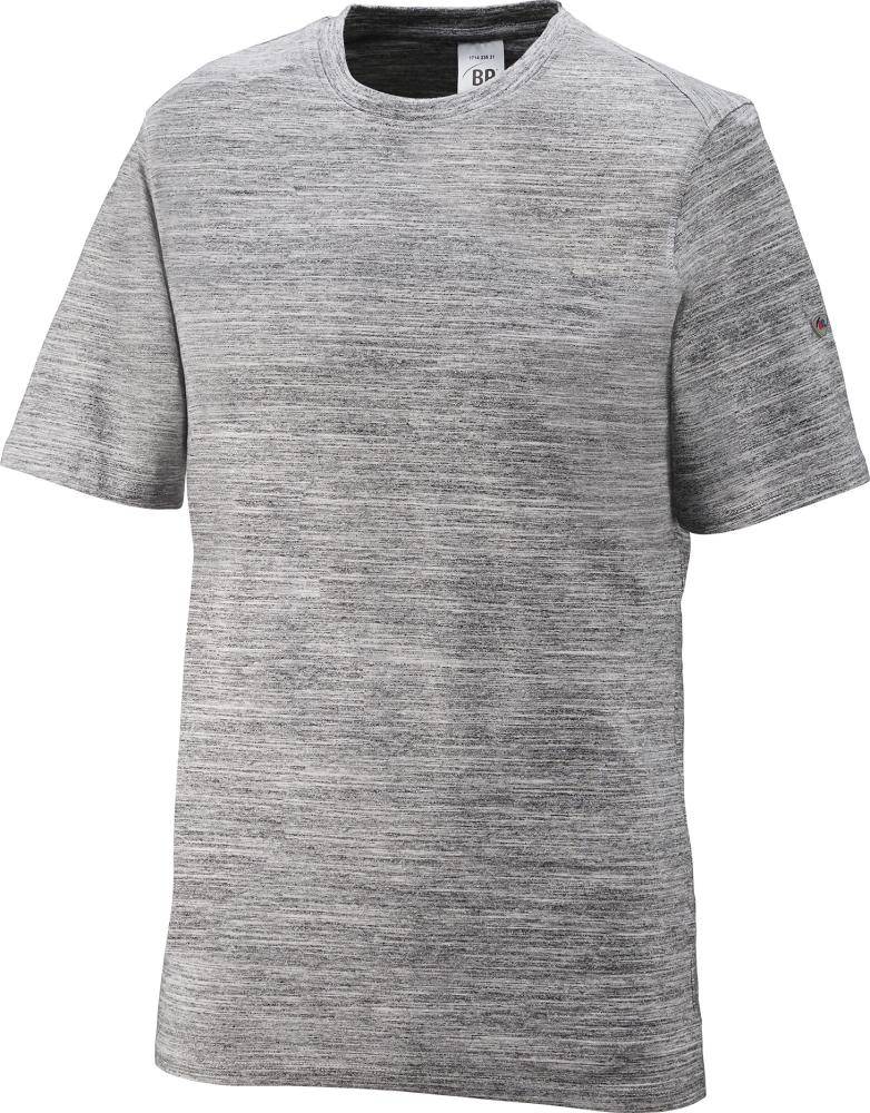 Graumeliertes kurzärmliges T-Shirt mit Rundhalsausschnitt, frontal auf einfachem weißem Hintergrund gezeigt.