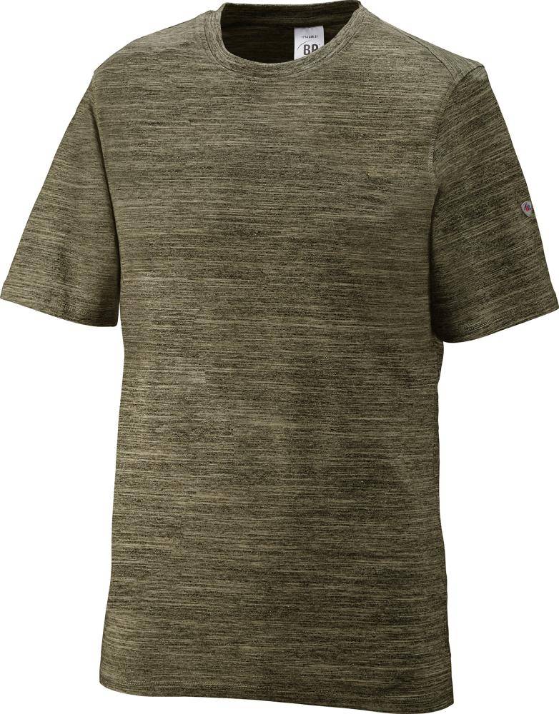 Olivgrünes meliertes Kurzarm-Rundhals-T-Shirt auf weißem Hintergrund.