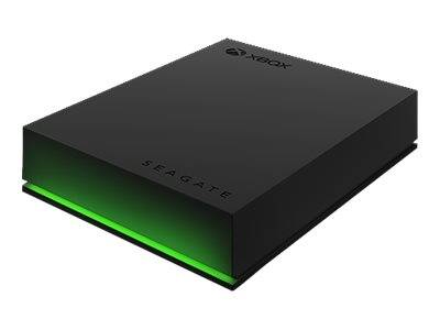 Externe Festplatte von Seagate für Xbox in Schwarz mit grüner beleuchteter Vorderkante auf weißem Hintergrund