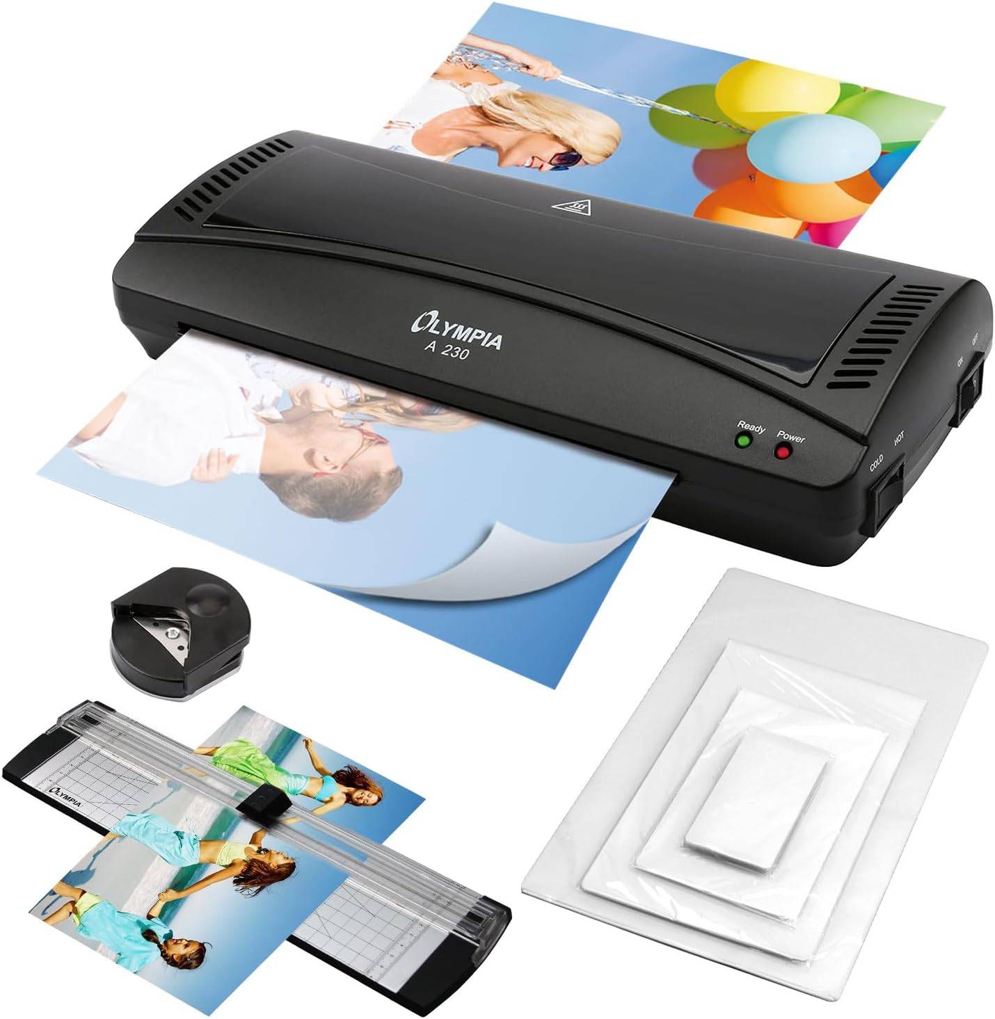 Ein schwarzer Olympia A 230 Laminiergerät ist in Betrieb und versiegelt ein Foto eines Paares. Zusätzliche Fotos und laminierte Blätter umgeben das Gerät.