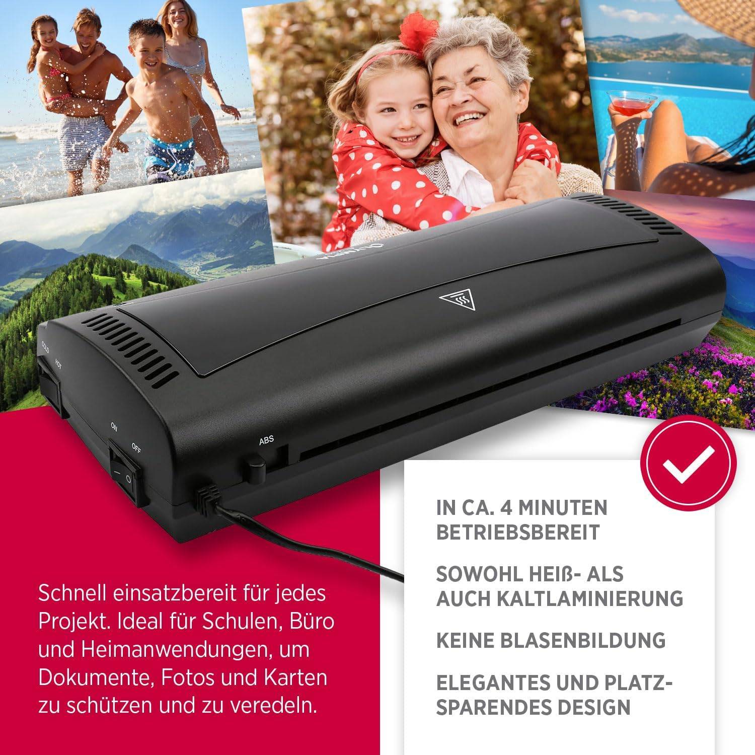 Ein schwarzes Laminiergerät neben seinem Stromkabel. Der Text hebt folgende Funktionen hervor: Aufheizung in 4 Minuten, Heiß-/Kaltlaminierung, platzsparendes Design.