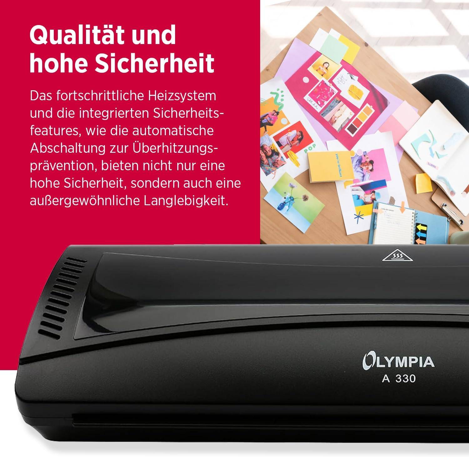 Ein Olympia-Heizkörper mit Sicherheitsfunktionen wird gezeigt. Der deutsche Text hebt hochwertige und langlebige Wärme hervor.