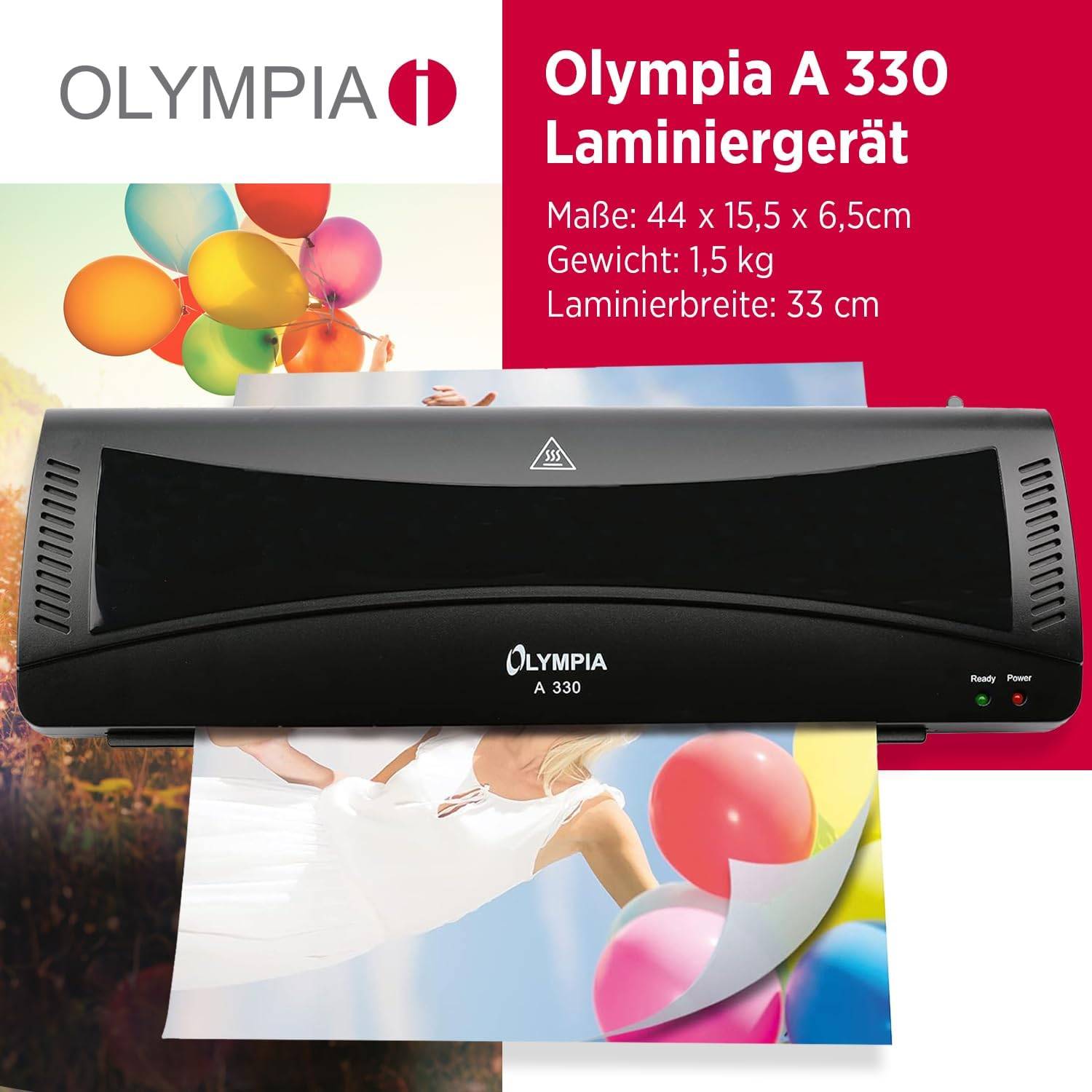 Olympia A 330 Laminiergerät' mit den Abmessungen 44 x 15,5 x 6,5 cm, Gewicht 1,5 kg, Laminierbreite 33 cm. Das Bild zeigt das Gerät und farbige Dokumente.