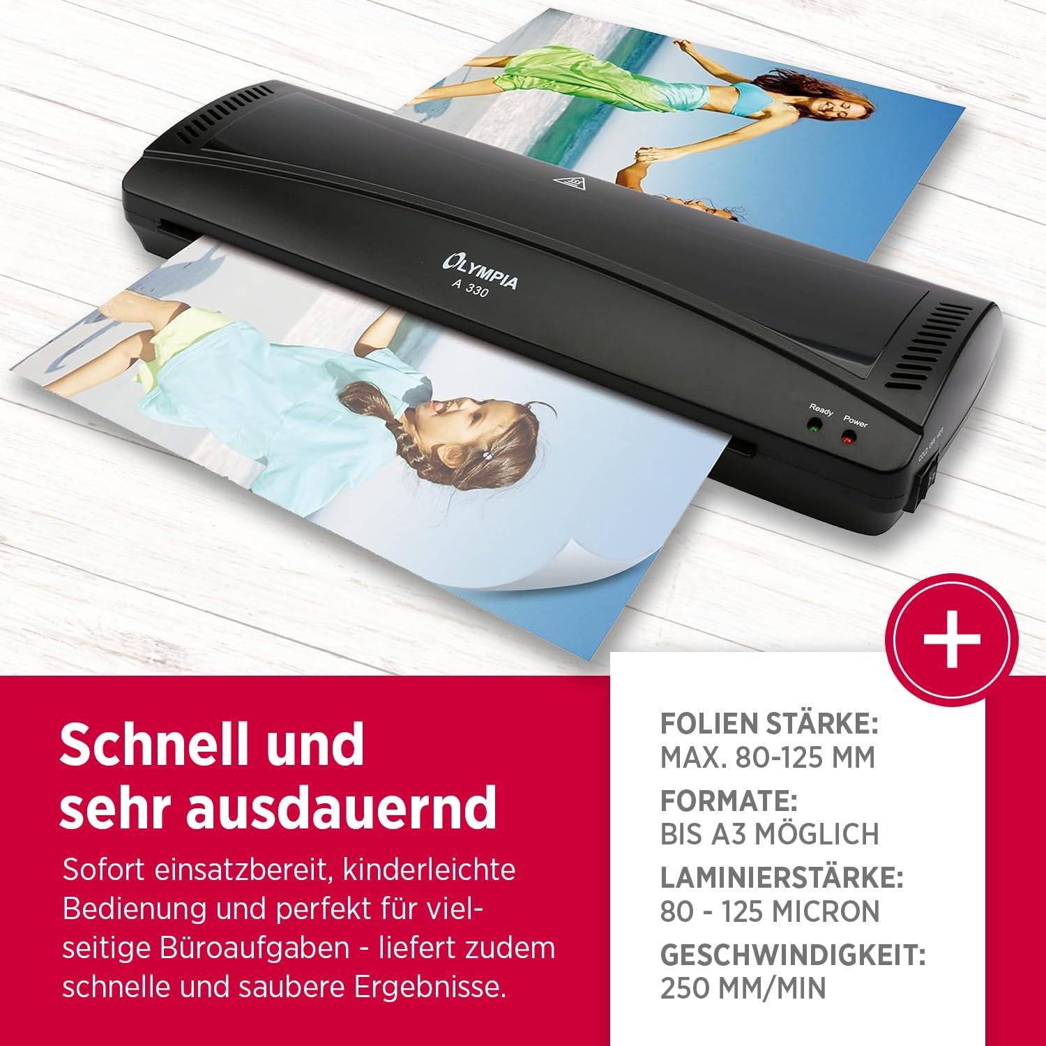 Eine schwarze Laminiermaschine verarbeitet Fotos. Roter Hintergrundtext: „Schnell und sehr ausdauernd